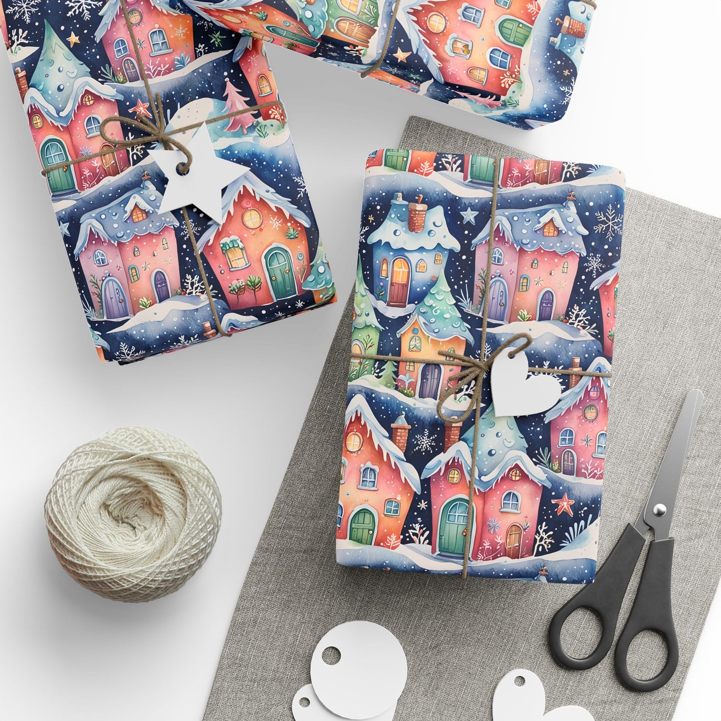 Holiday Wrapping Papers with Sparkling Star, Cute Snowflake, and Christmas Village Design