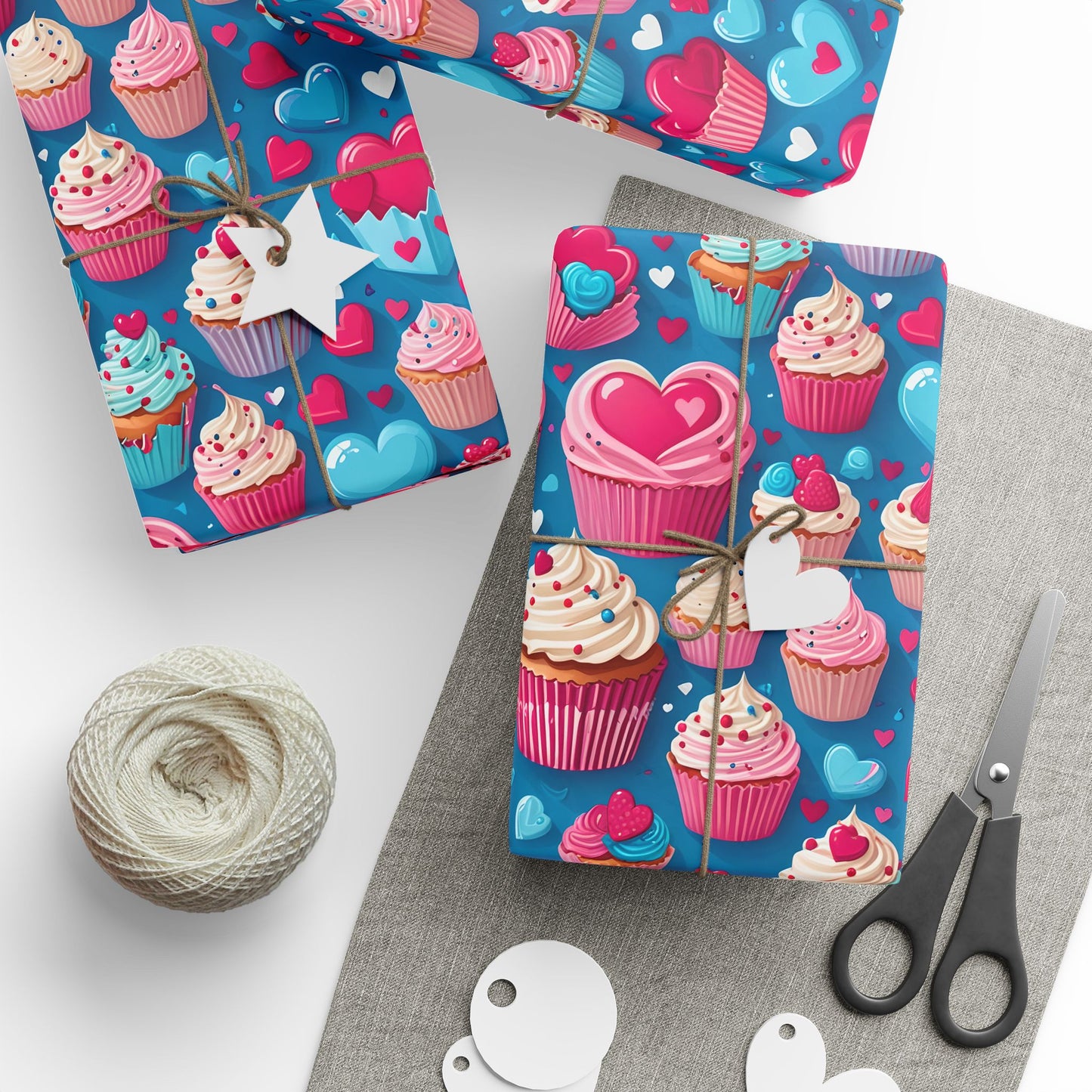 Hearts, Cupcakes, Hot Pink and Blue Valentine Gift Paper