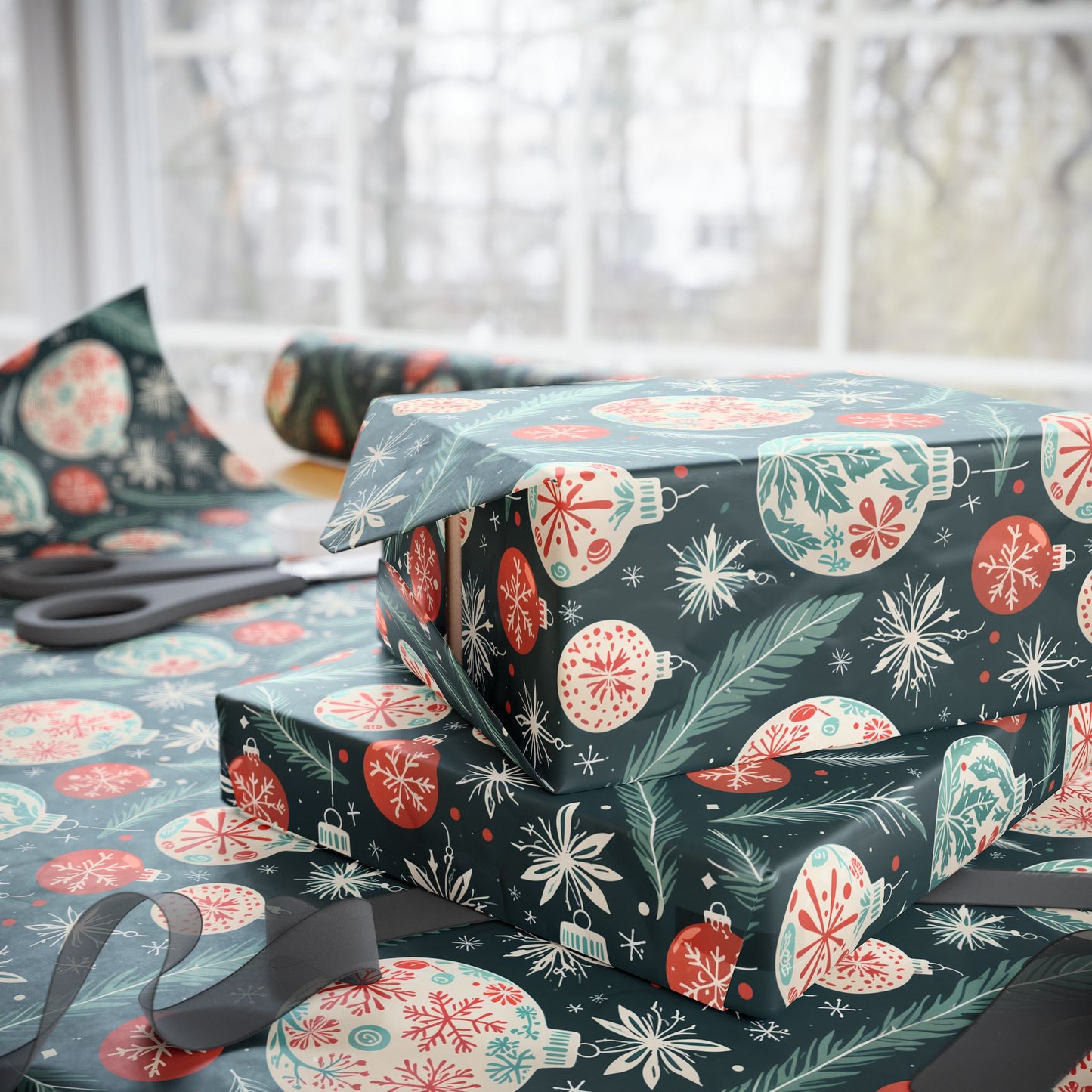 Frosted Evergreen – Retro Ornament & Pine Wrapping Paper