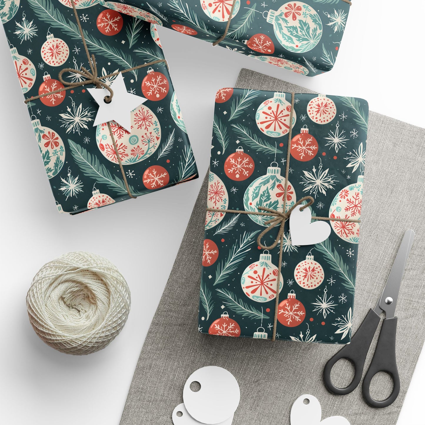 Frosted Evergreen – Retro Ornament & Pine Wrapping Paper