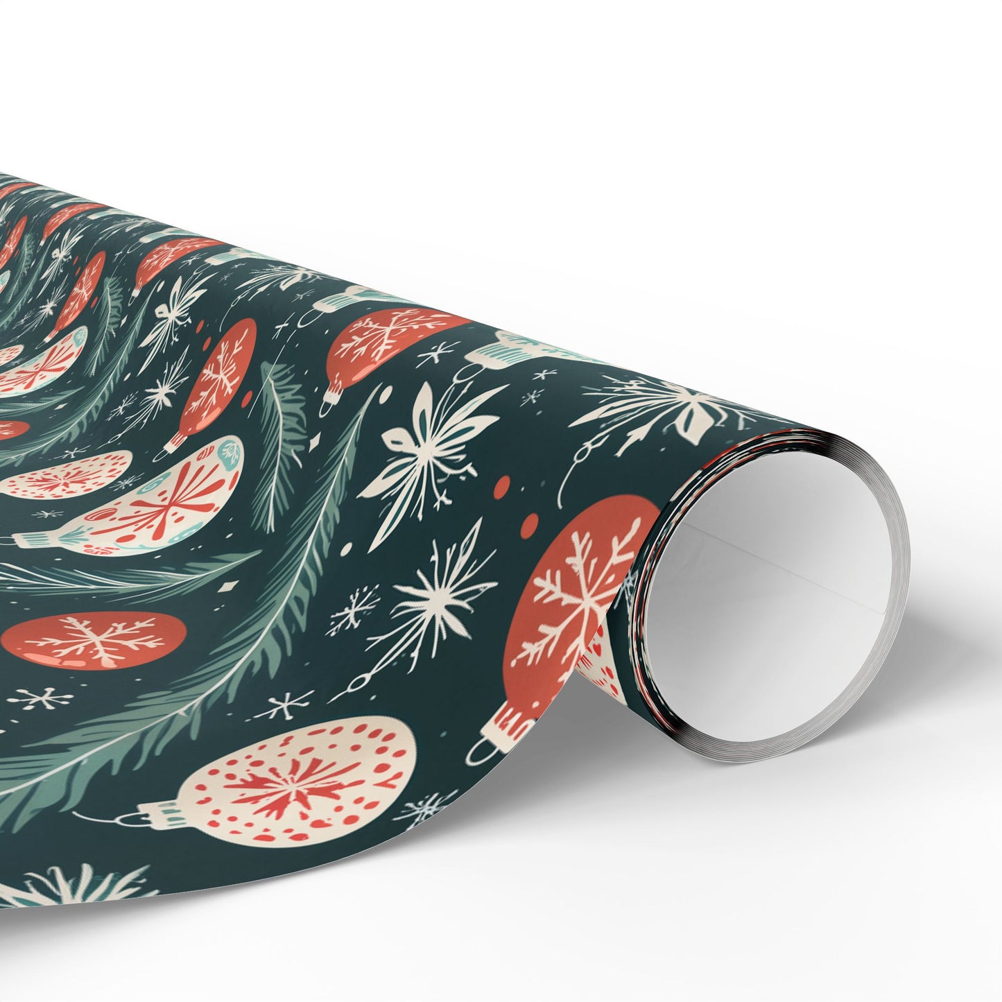 Frosted Evergreen – Retro Ornament & Pine Wrapping Paper