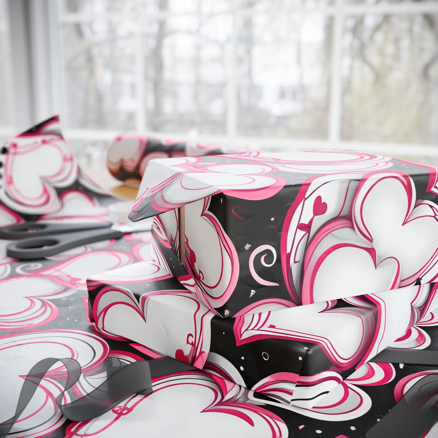Elegant Pink, White and Black Heart Design Gift Wrap