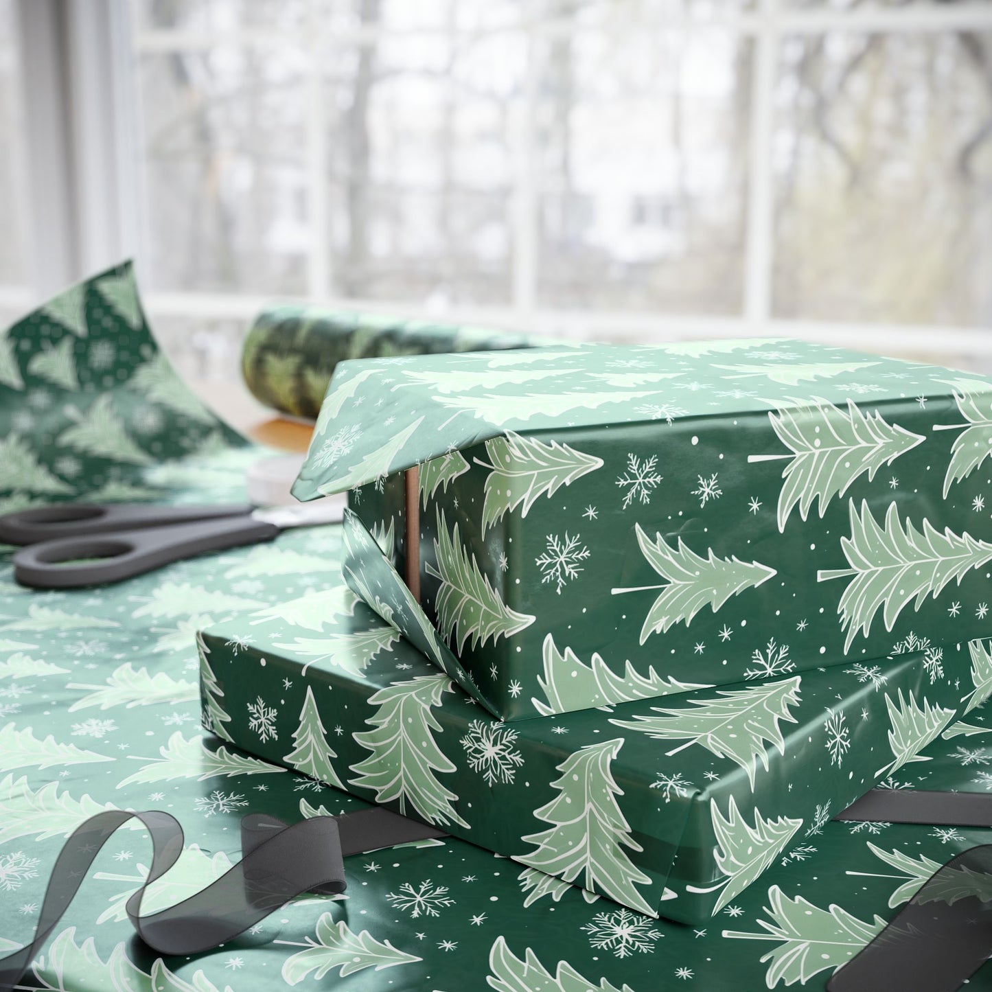 Scandi - Chic Green Christmas Tree Wrapping Paper – Modern Nordic Holiday Gift Wrap