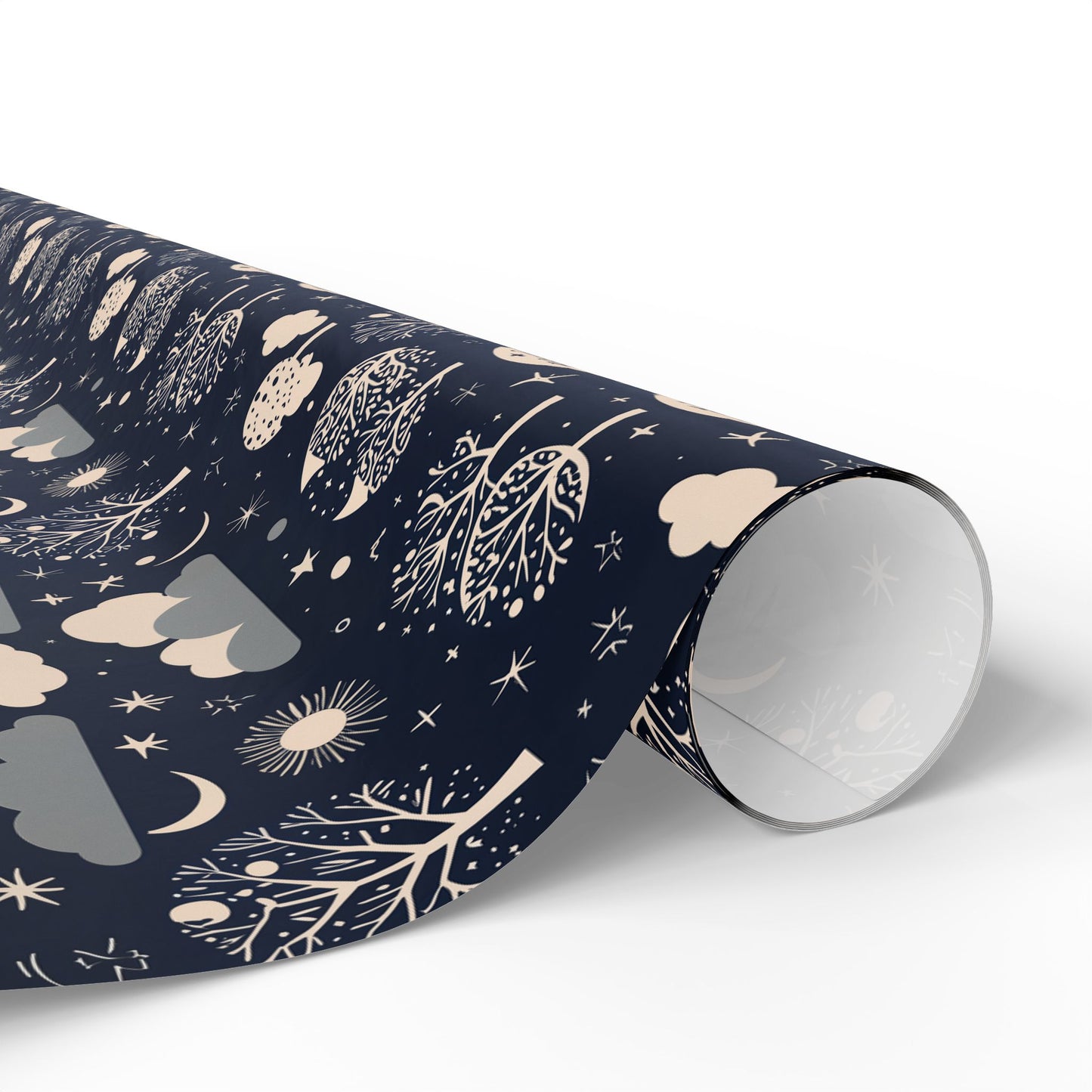 Wrapping Paper - Abstract Moon Stars and Trees in Black and Beige