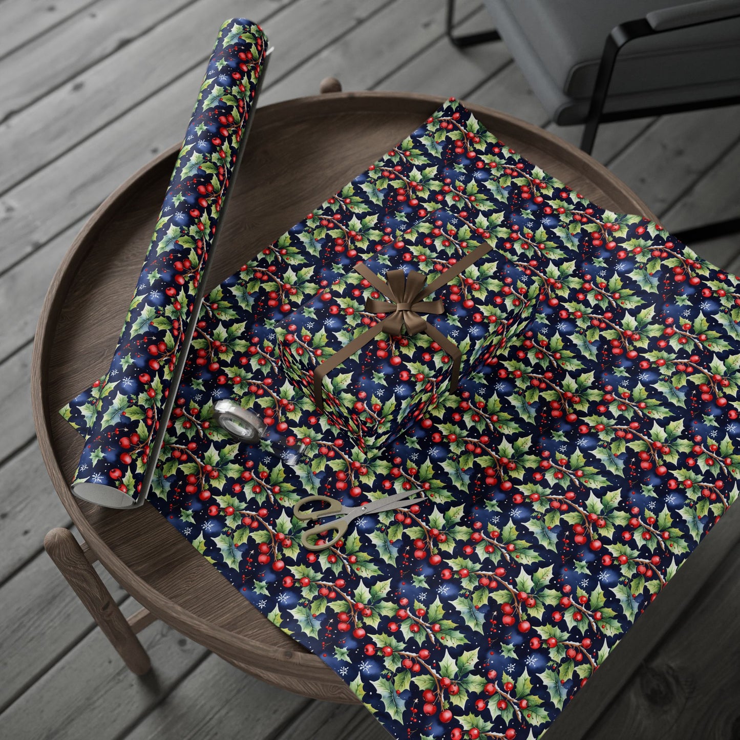 Holly Jolly Luxe – Navy & Berry Botanical Wrapping Paper