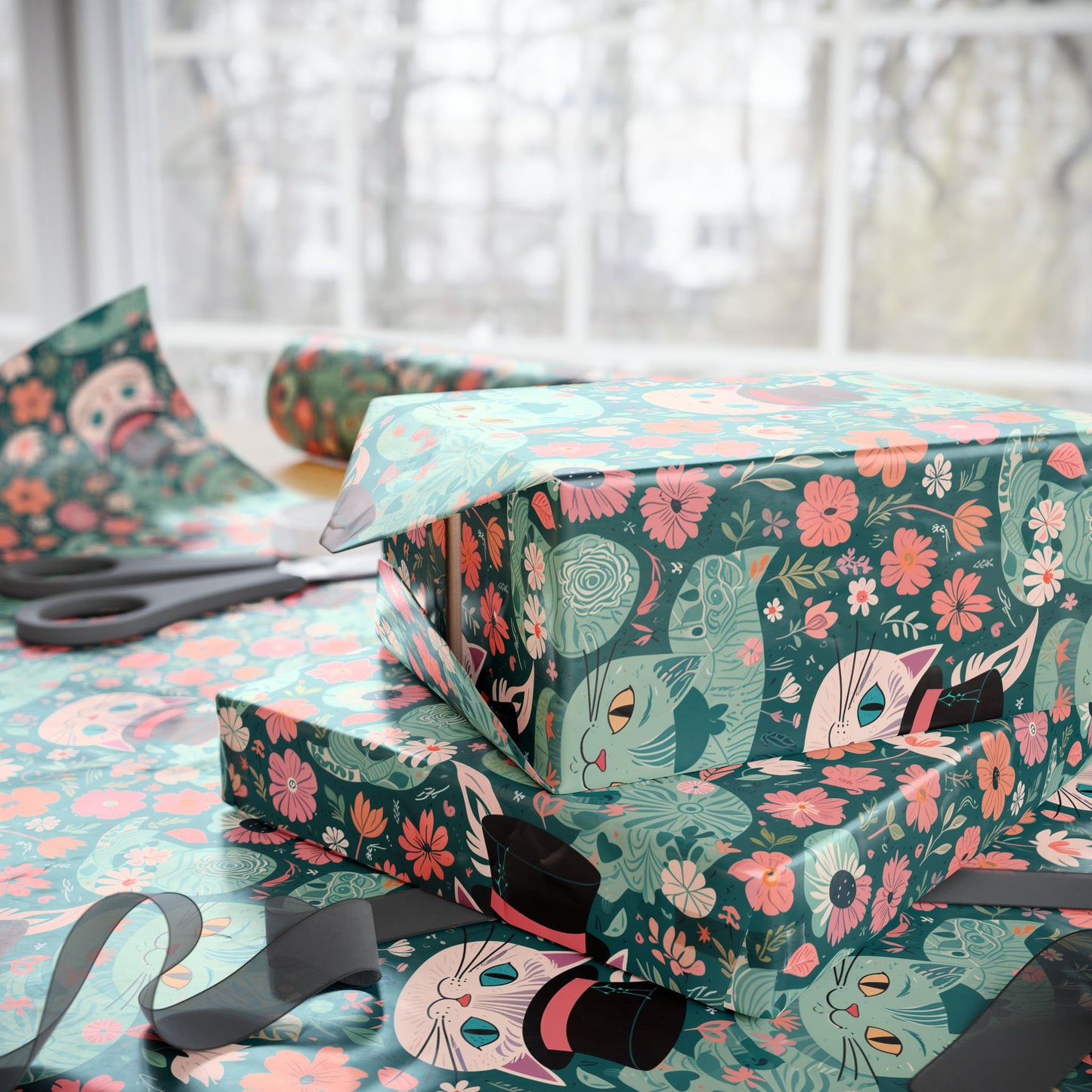 Cute Floral Cheshire Cat Wrapping Paper