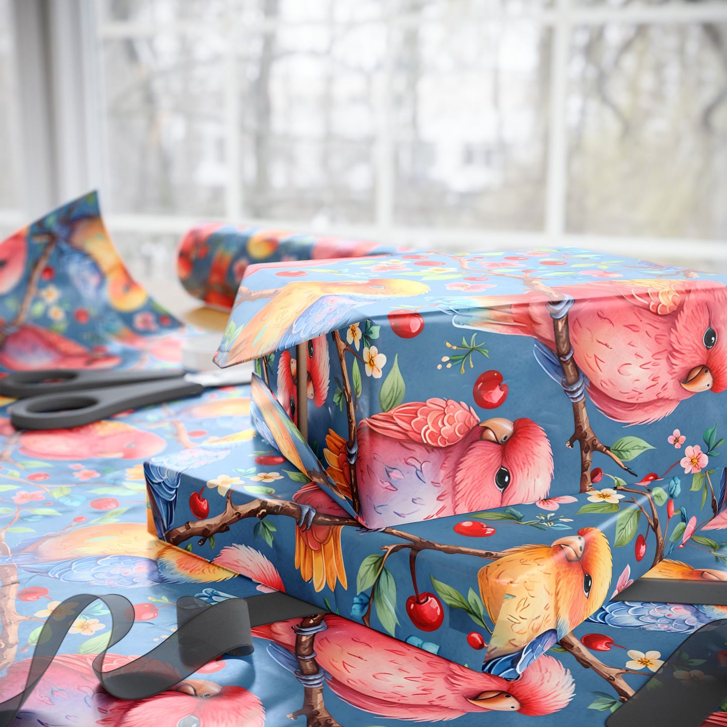 Pastel Lovebirds Cute Valentines Day Gift Paper with Cherries and Flowers