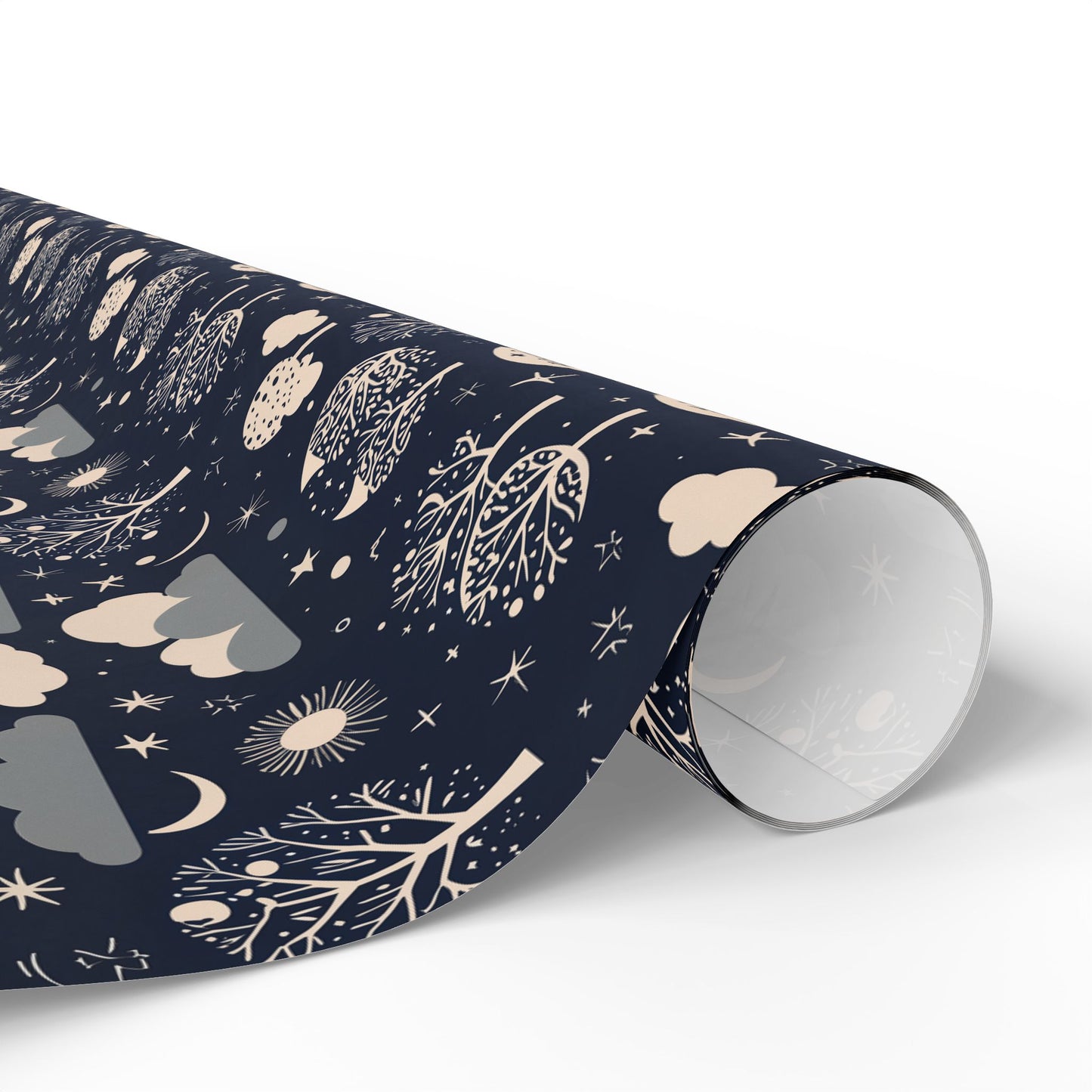 Wrapping Paper - Abstract Moon Stars and Trees in Black and Beige
