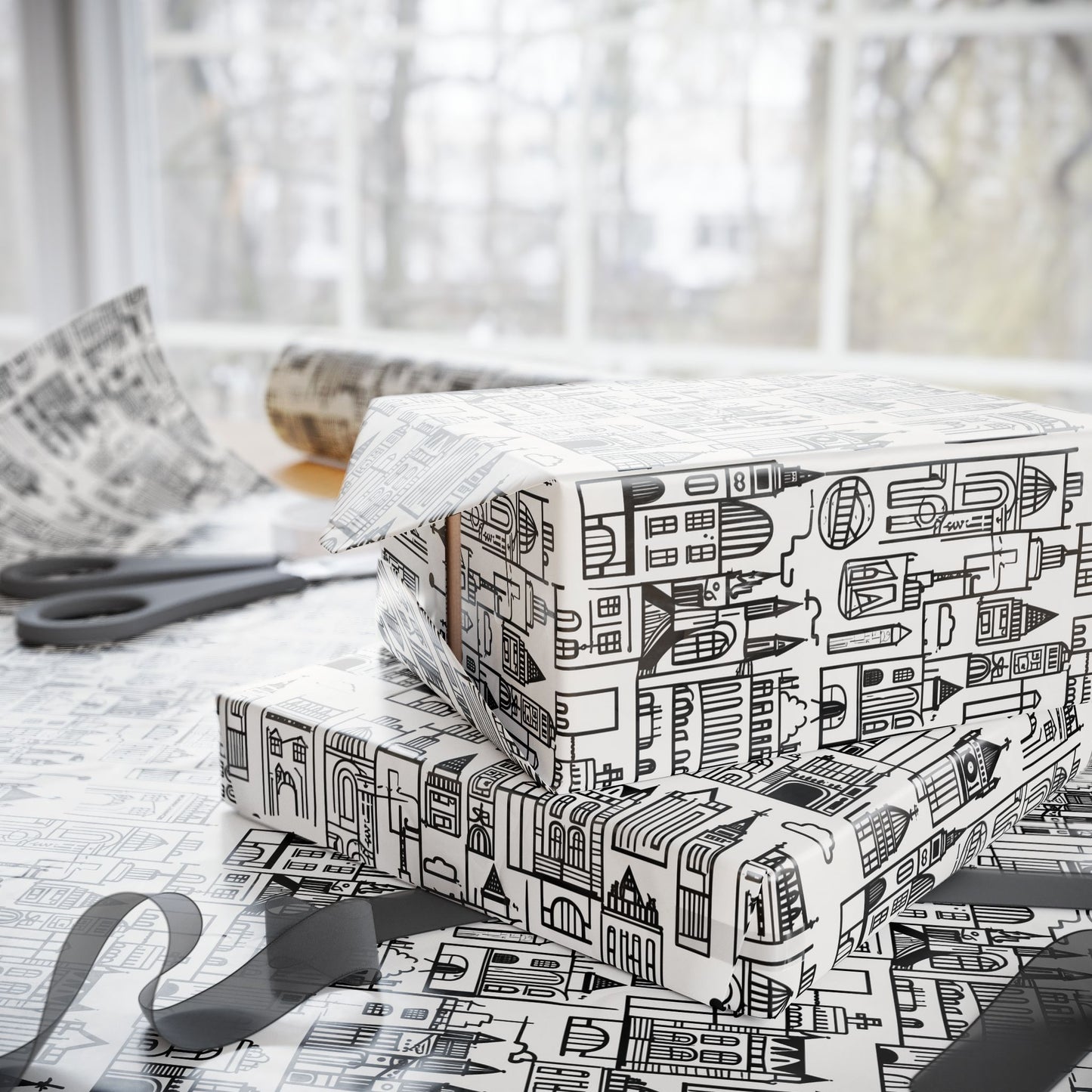 Elegant Black and White Abstract Cityscape Wrapping Paper