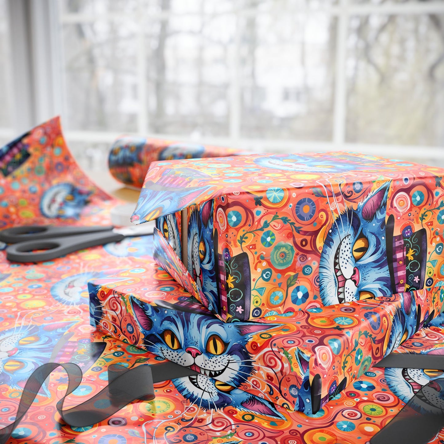 Vibrant Orange Cheshire Cat Gift Wrapping Paper