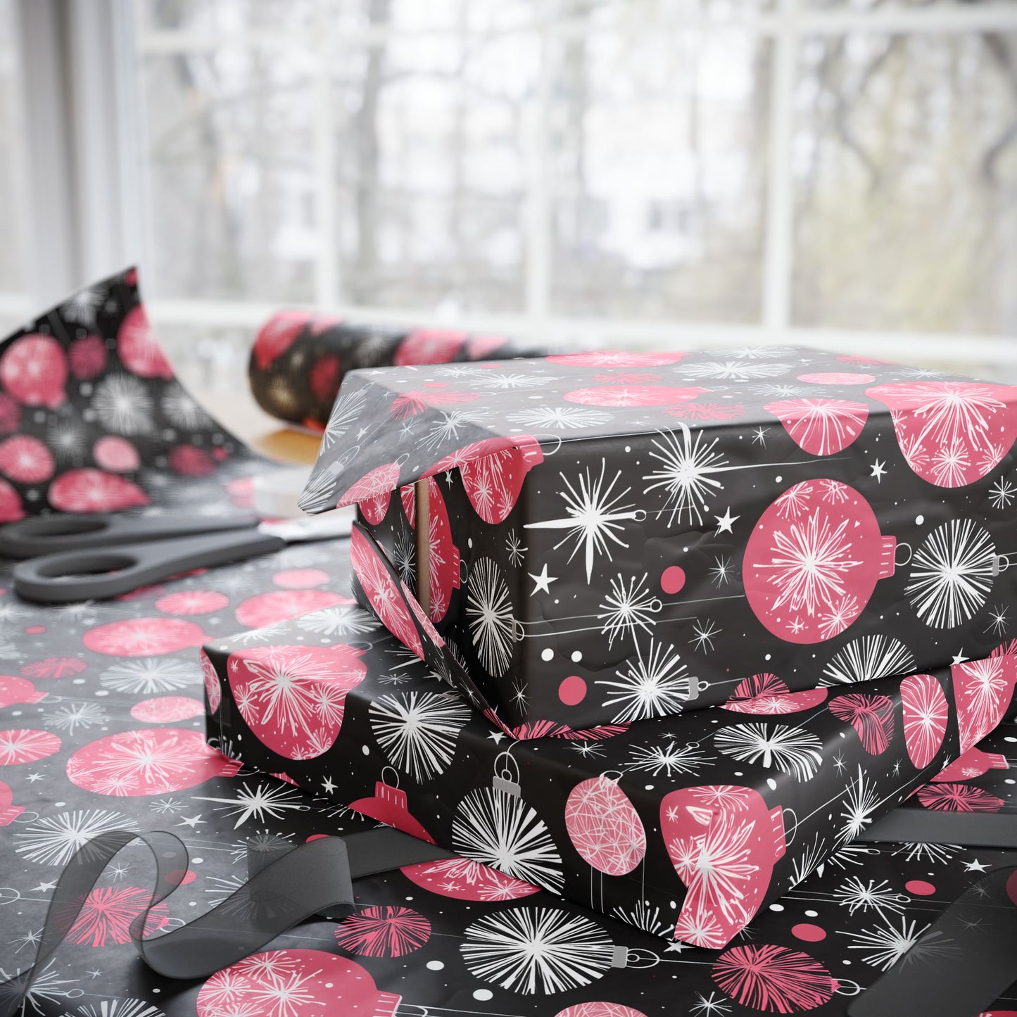 Bubble Glam & Bauble Jam – Pink Retro Ornament Wrapping Paper