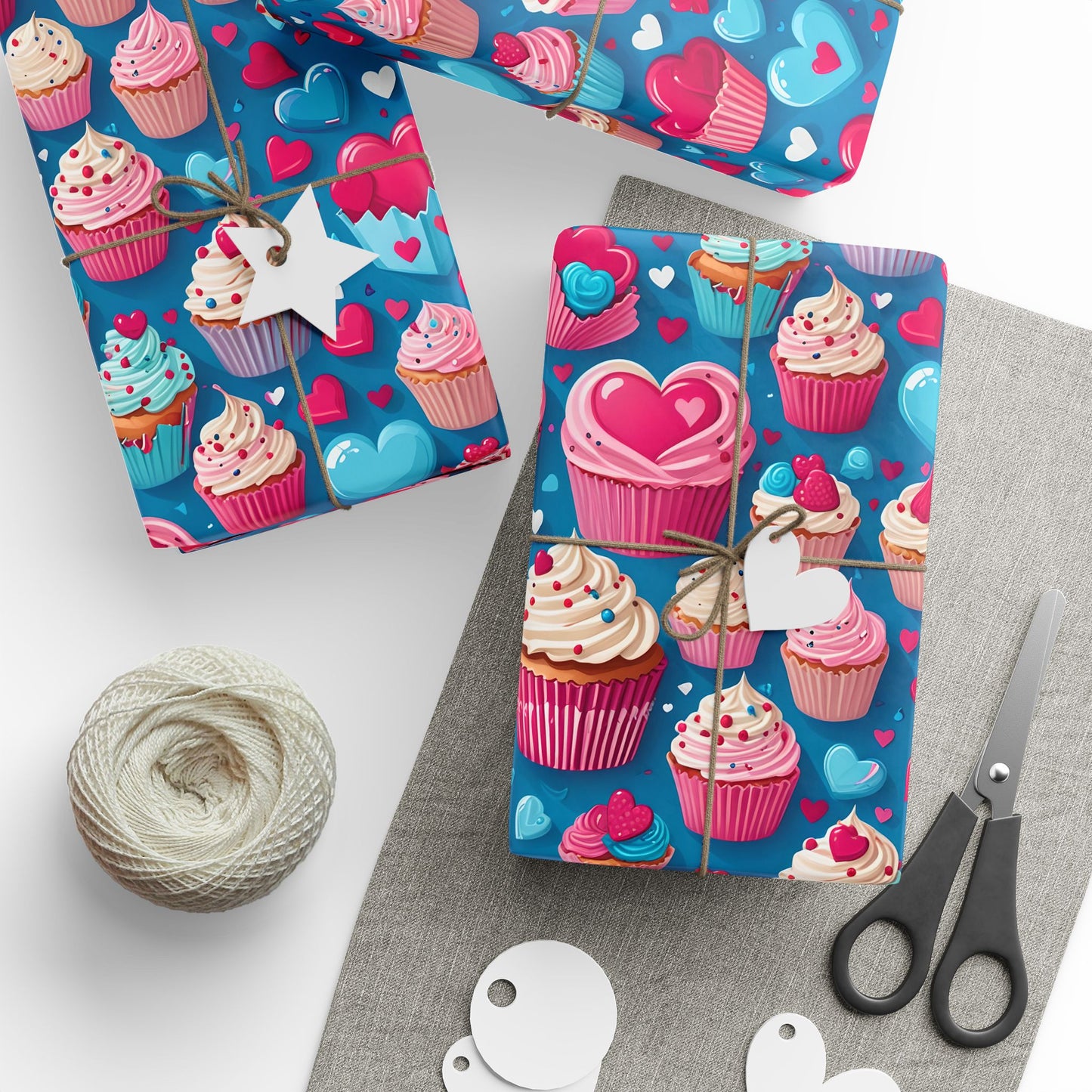 Hearts, Cupcakes, Hot Pink and Blue Valentine Gift Paper