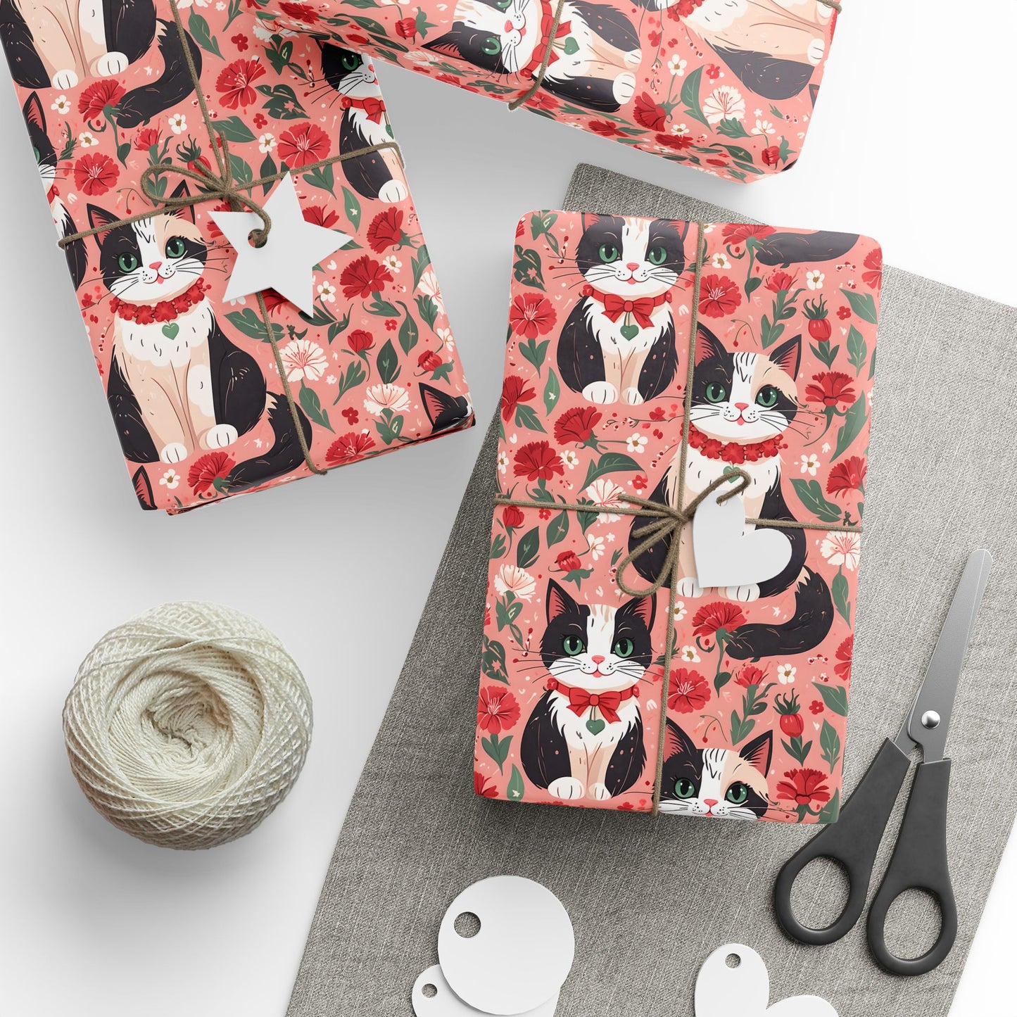 Cat and Floral Pattern on Pink Background Gift Wrap Roll