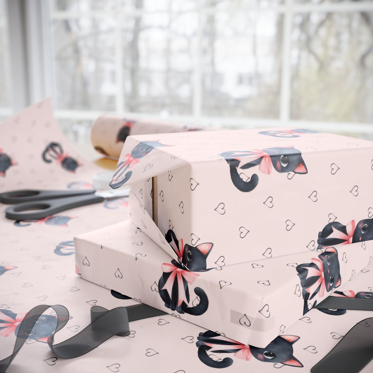 Purrfectly Pink – Black Cat & Bows Wrapping Paper