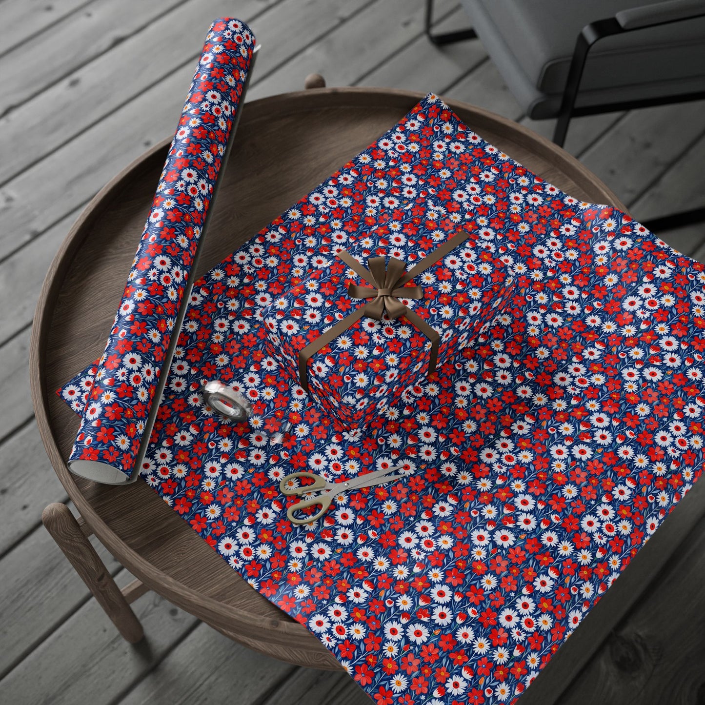 Vibrant Red, Blue and White Floral Wrapping Paper
