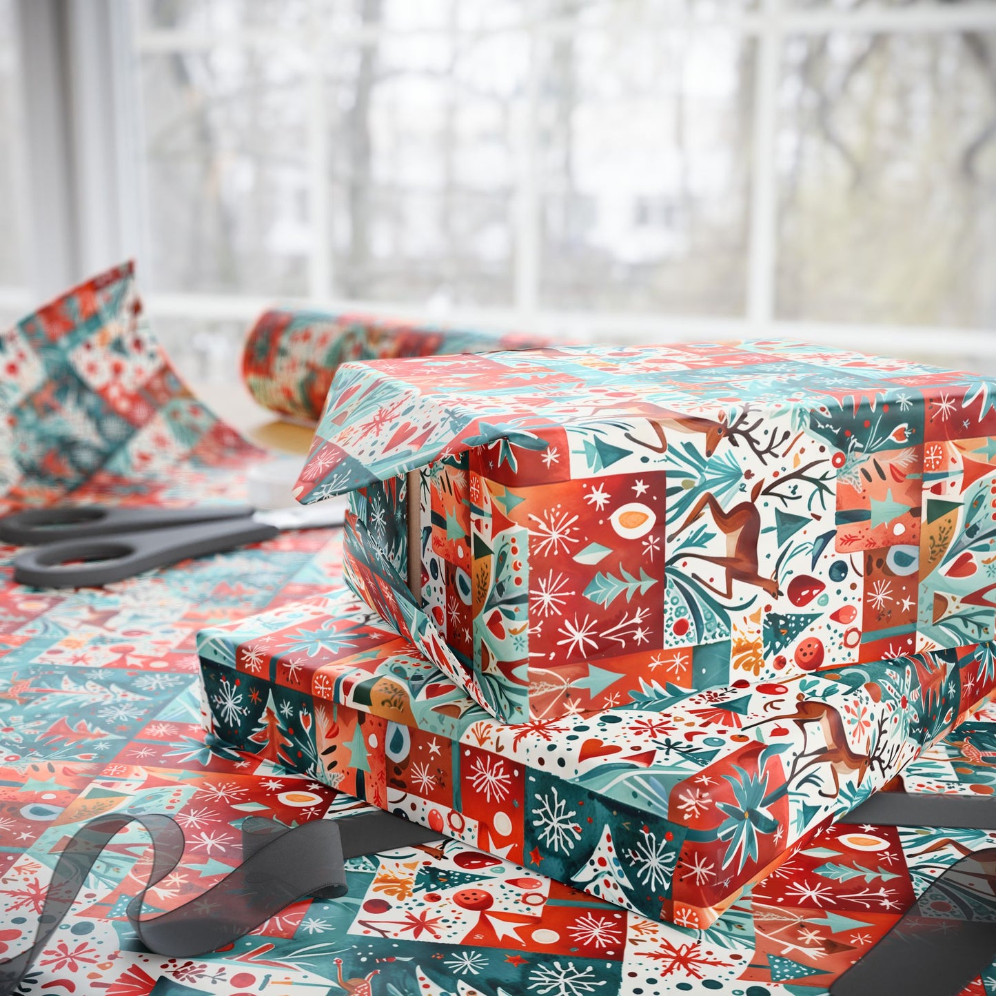 Patch Me If You Sleigh – Abstract Holiday Reindeer Wrapping Paper