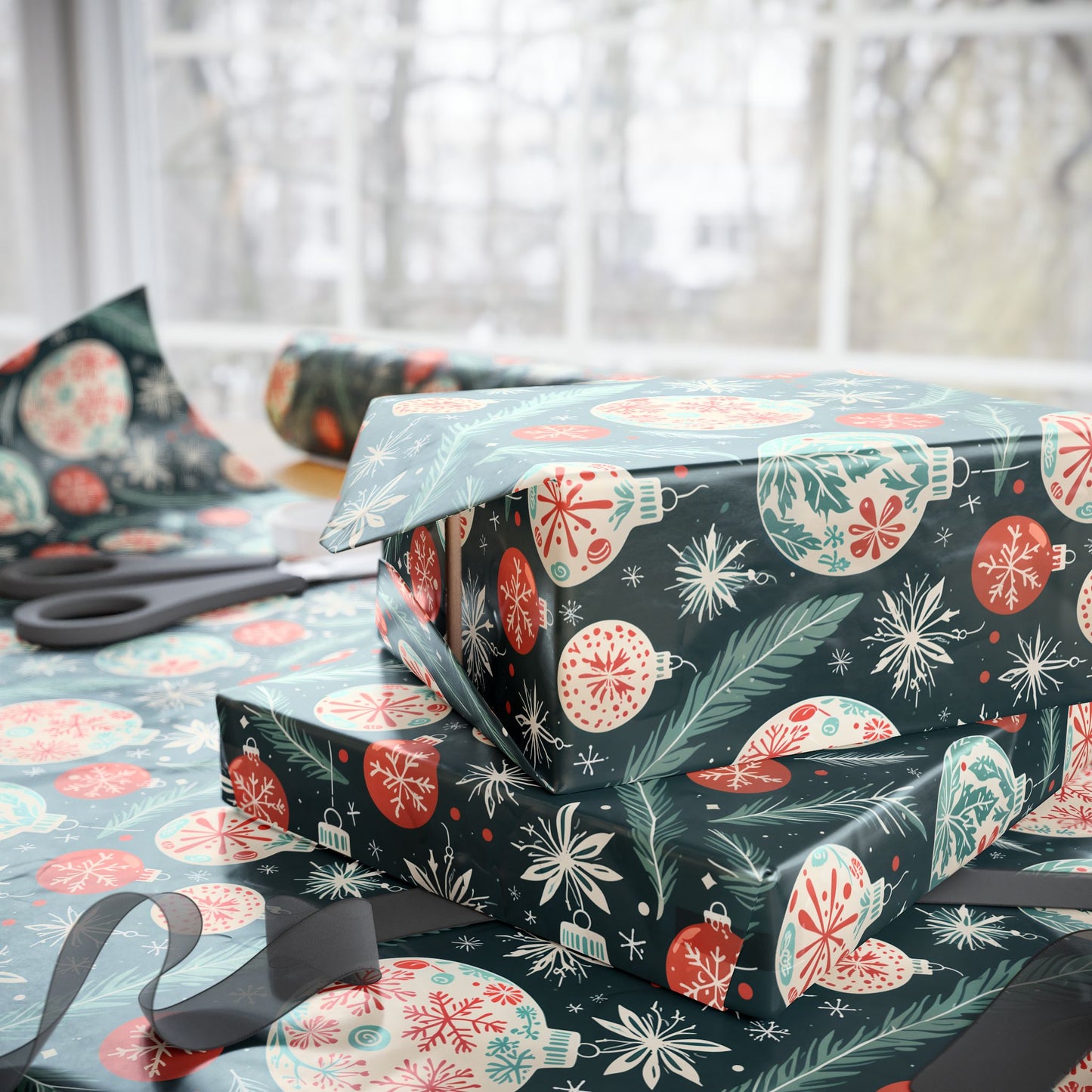 Frosted Evergreen – Retro Ornament & Pine Wrapping Paper