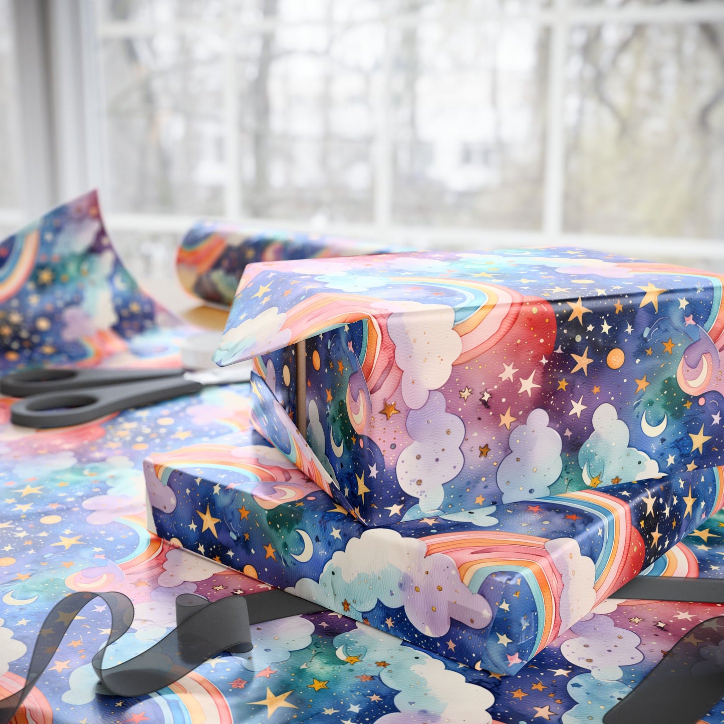 Celestial Rainbows – Whimsical Night Sky Wrapping Paper