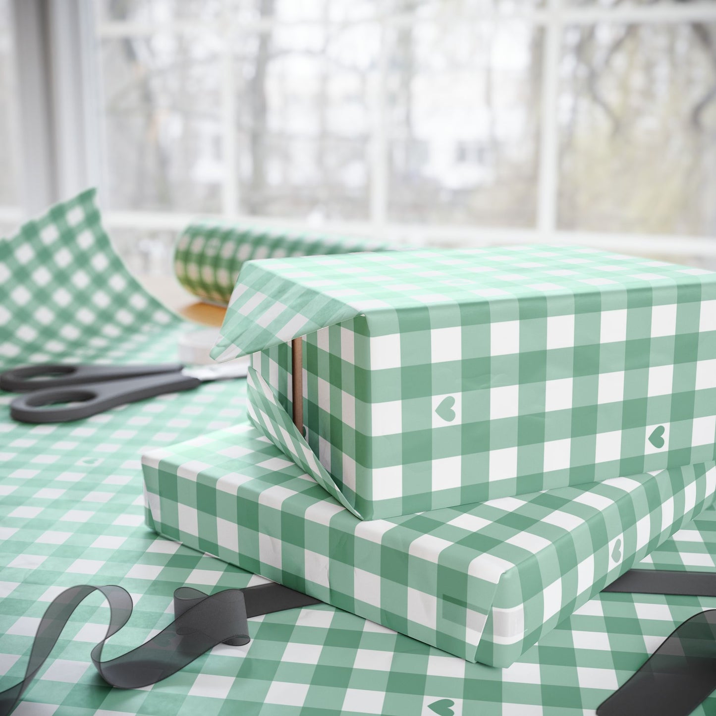 Gingham Green with Small Hearts Wrapping Papers