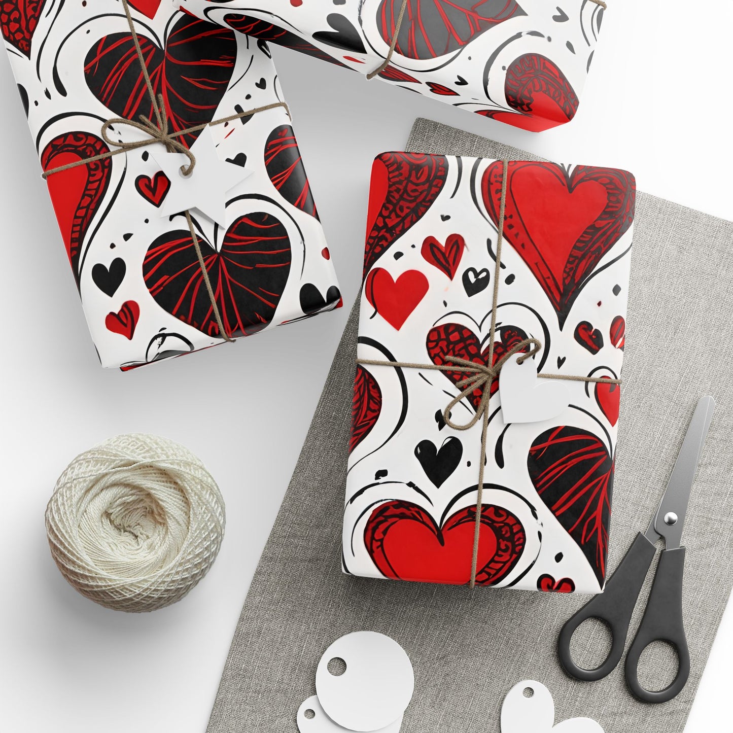 Stylish Gift Wrap with Vibrant Hearts in Black and Red