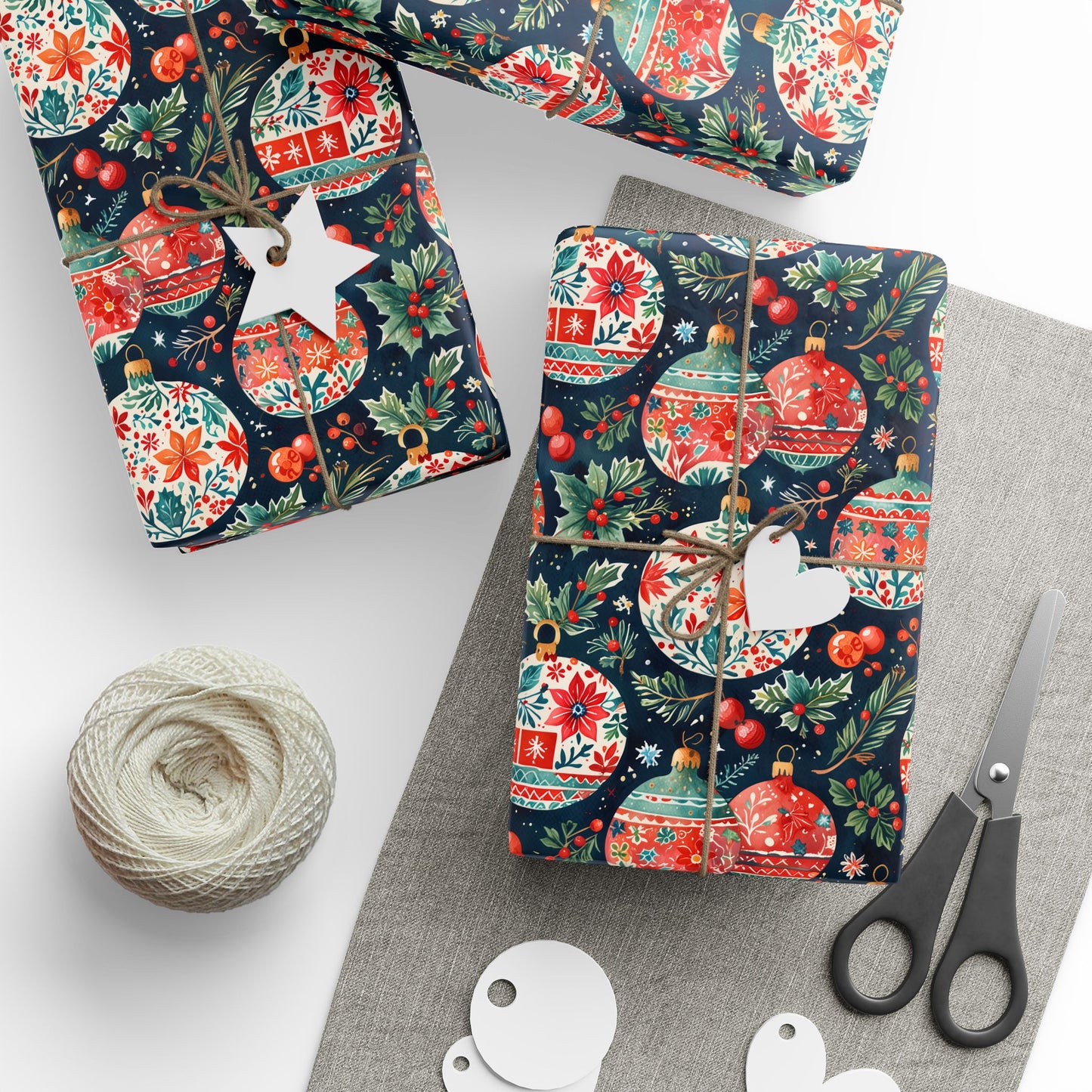 Twinkle Tinsel & Midnight Mistletoe – Folk Art Ornament Wrapping Paper