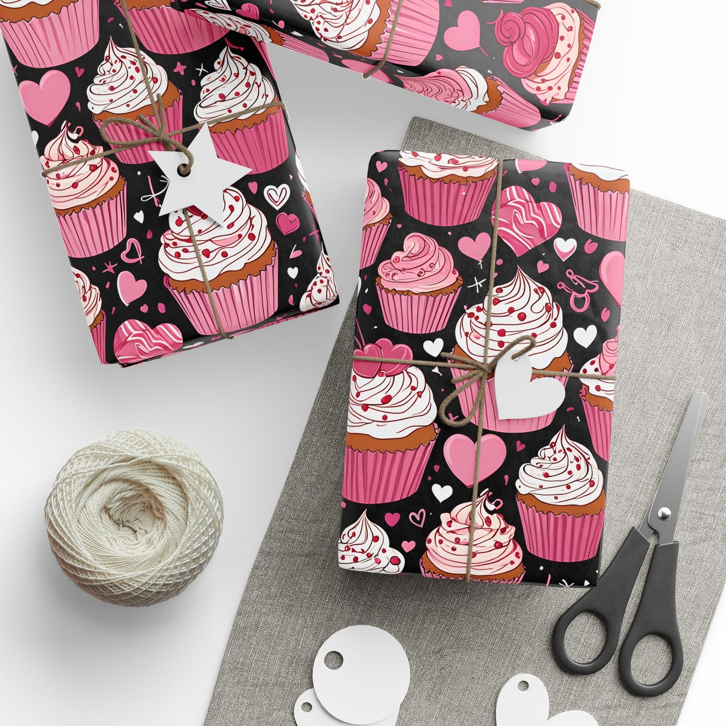 Cupcake and Heart Valentine Gift Paper in pink and white on a black background