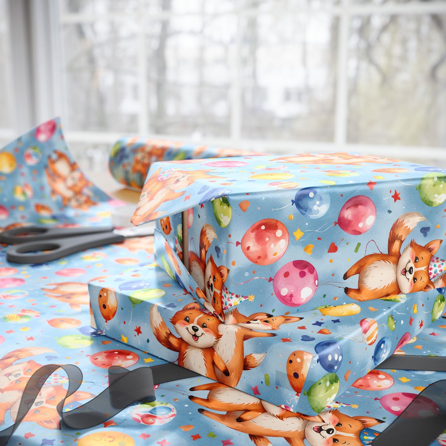 Cute Fox and Balloon Gift Wrap Birthday Party Decor for Kids or Cool Adults
