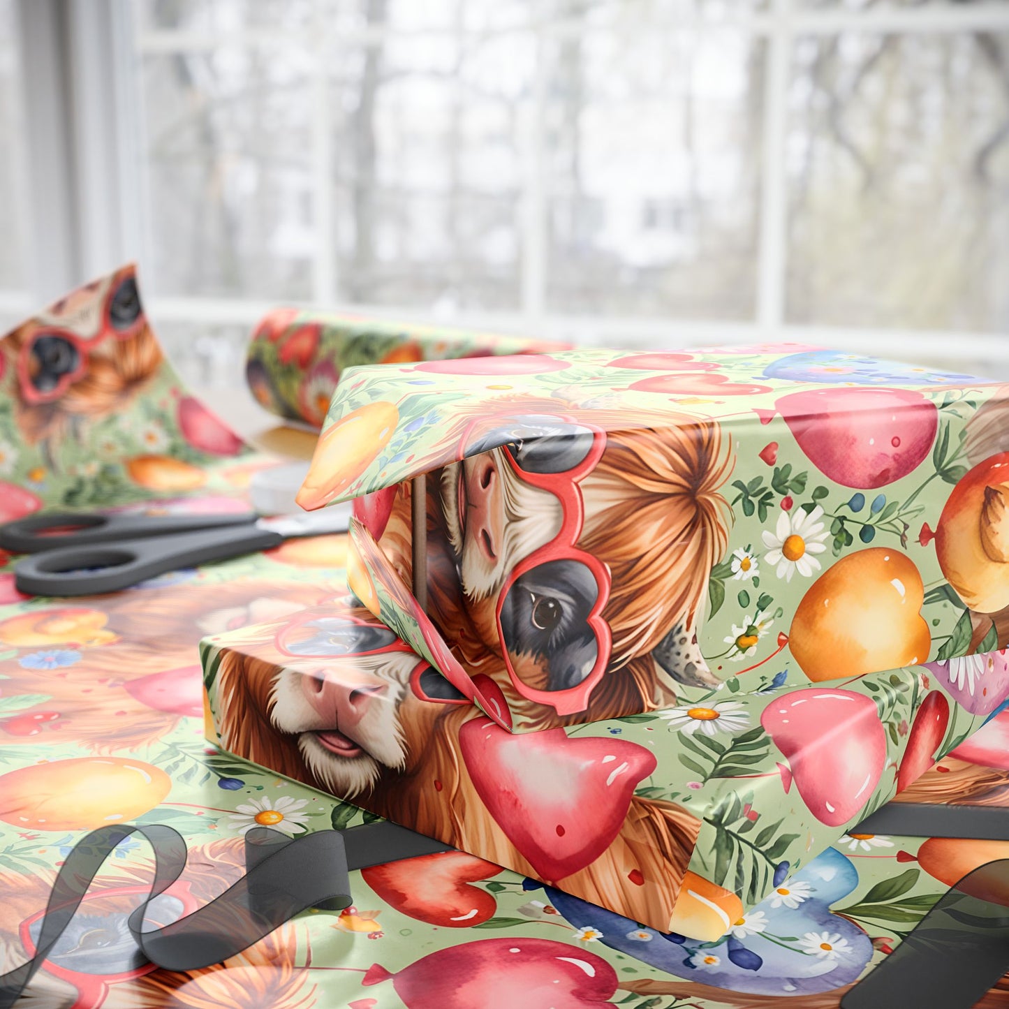 Gift Wrap - Unique Green Highland Cow Design