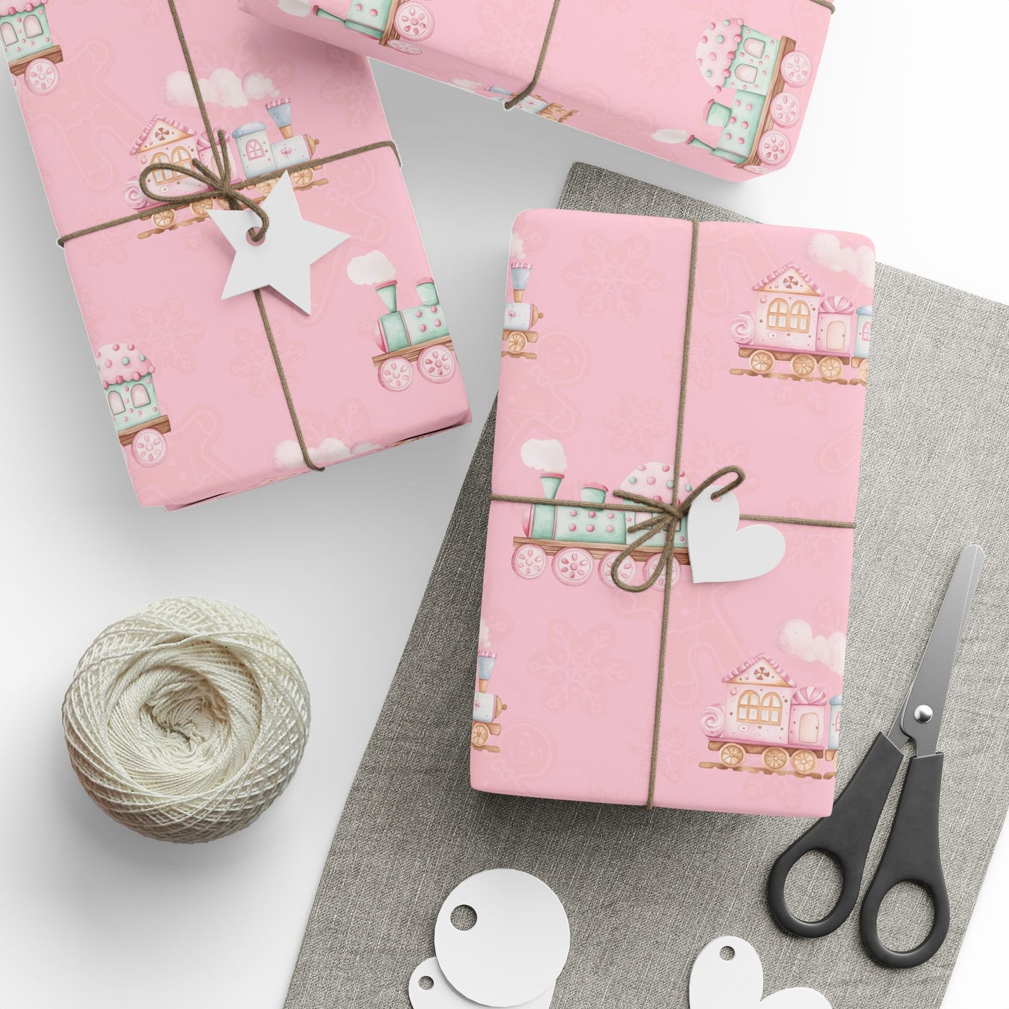 Candy Caboose – Pink Gingerbread Train Wrapping Paper