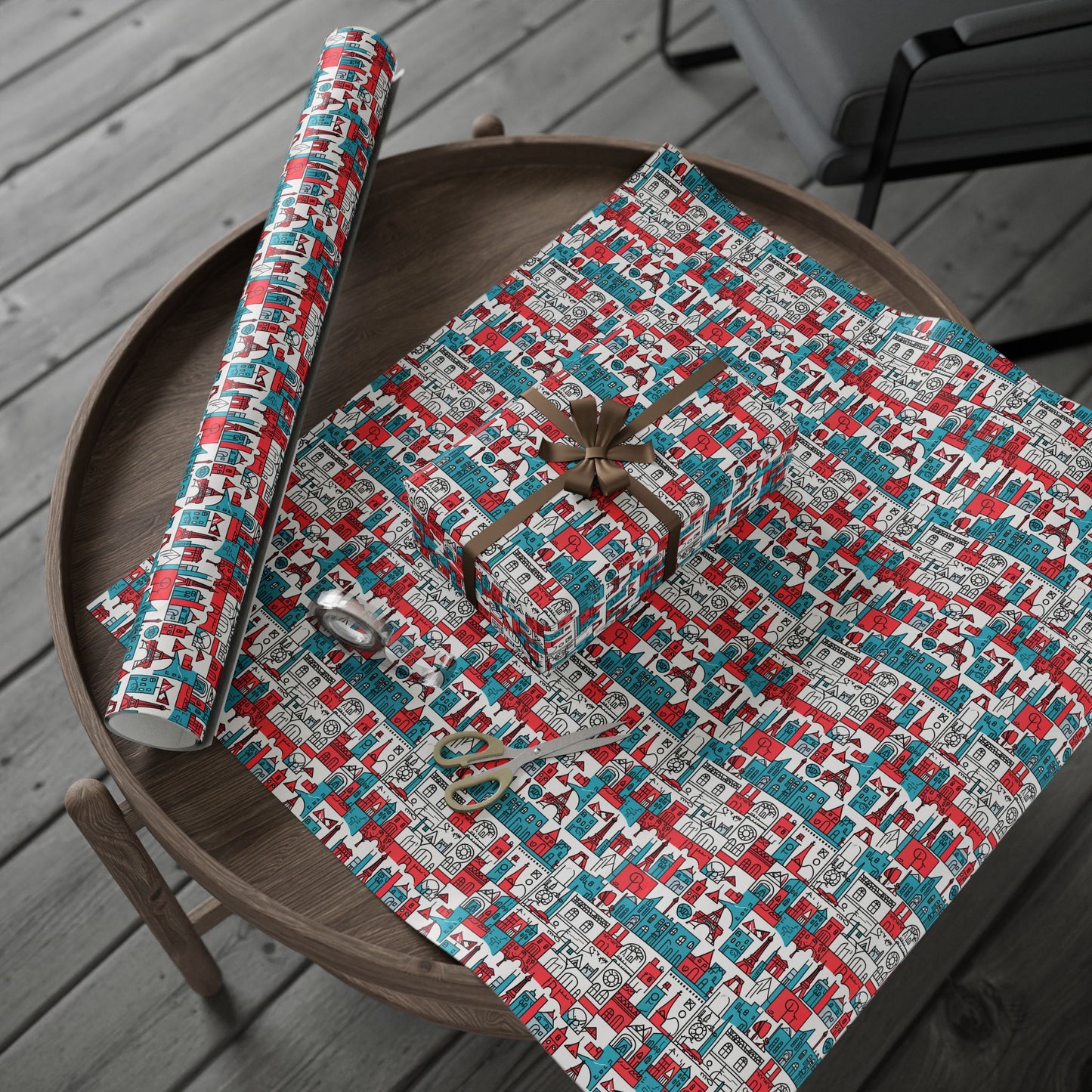 Wrapping Papers: Colorful Blue & Red Abstract Cityscape