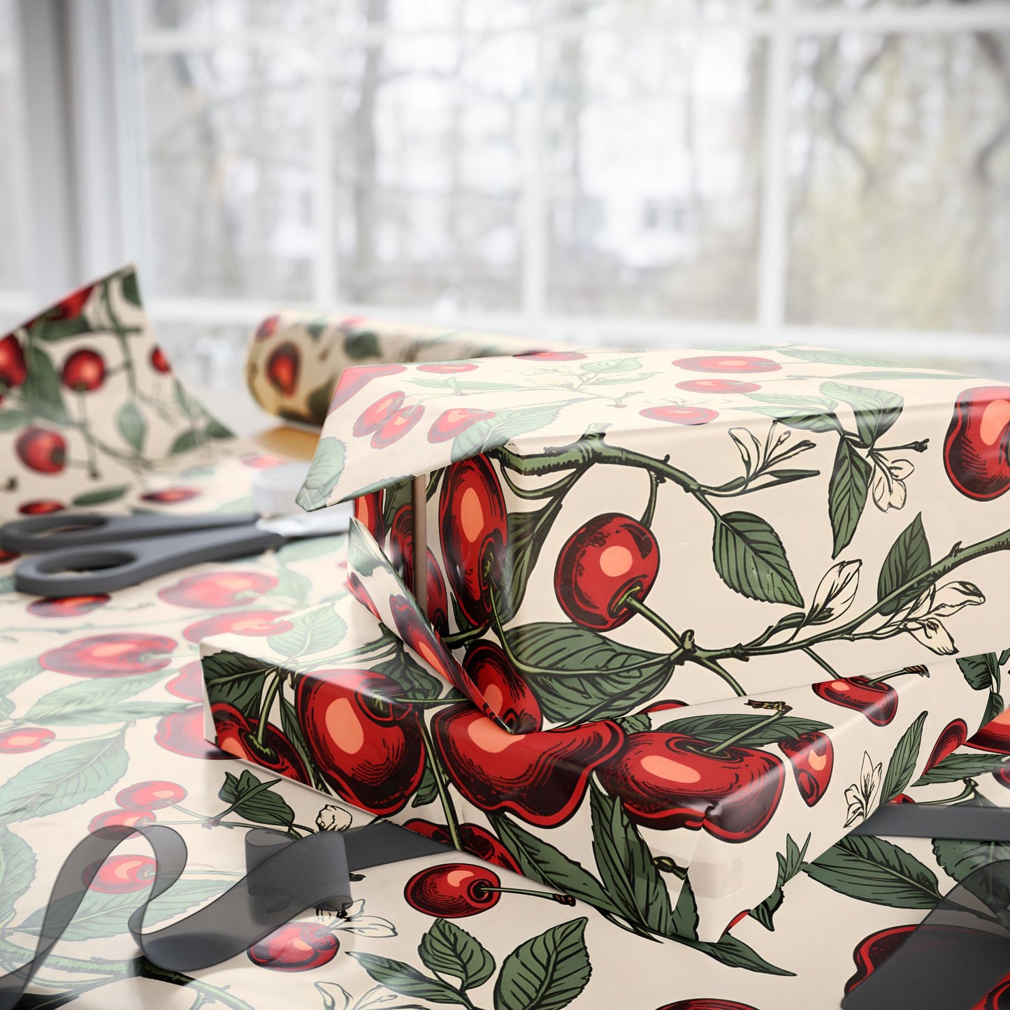 Elegant Cream Background with Cherry Delight Wrapping Paper