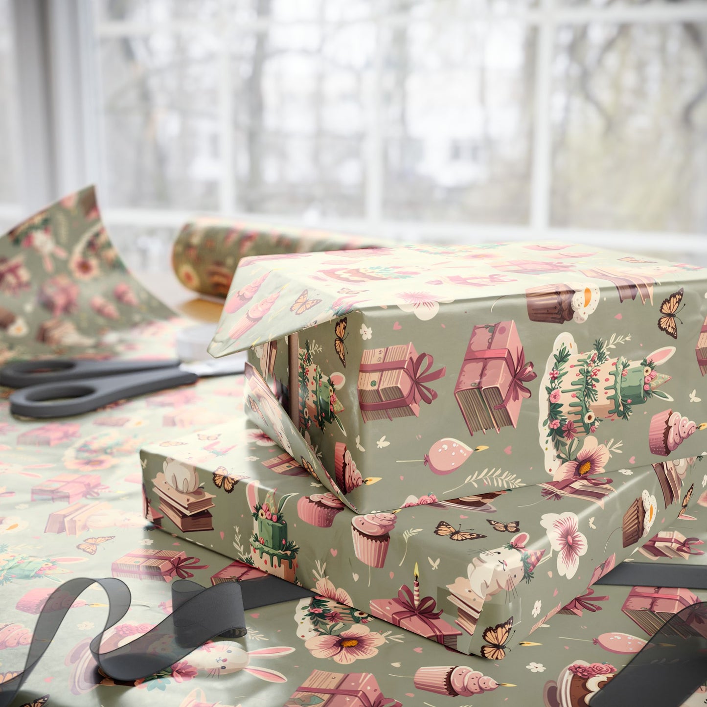 Festive Bunny & Cake Wrapping Paper Roll
