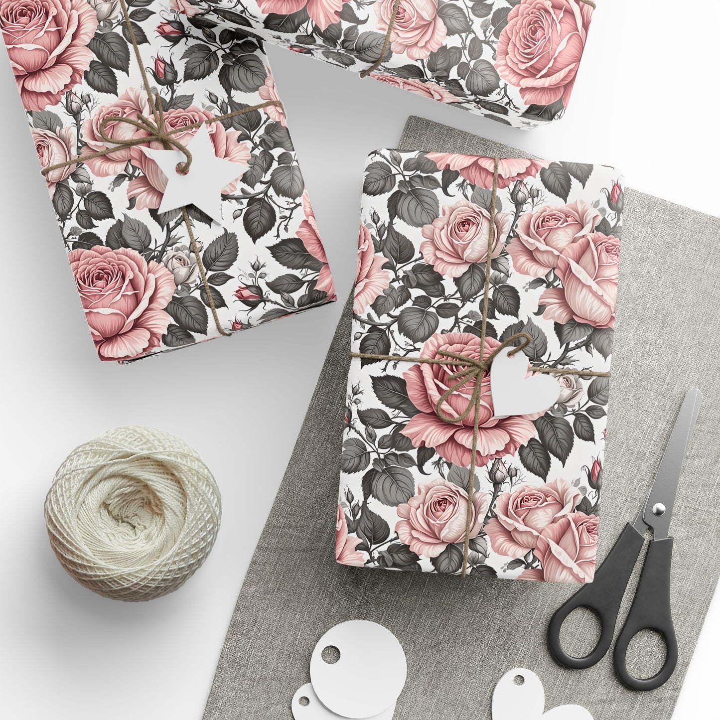 Rose Whispers – Soft Floral Gift Wrap in Pink & Grey