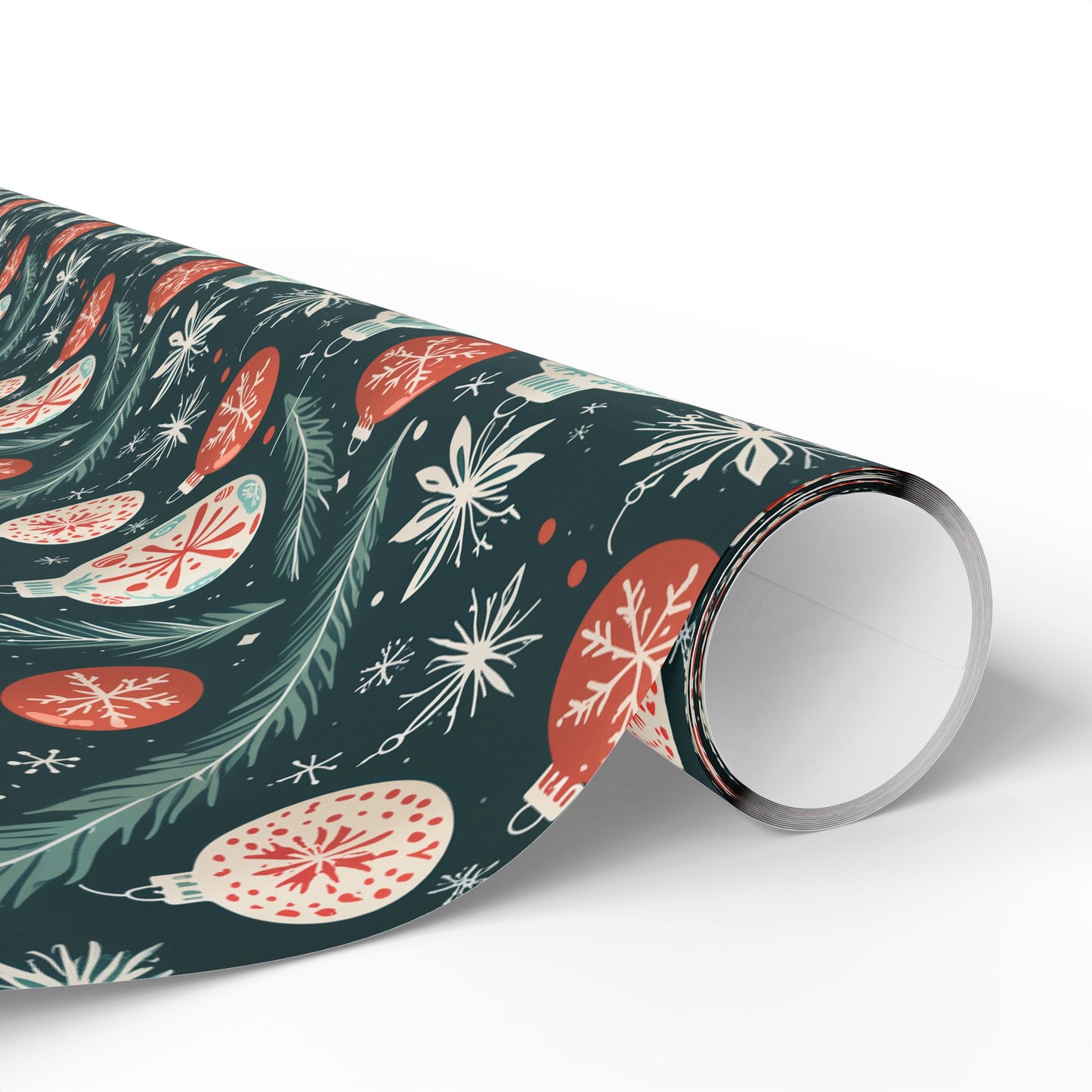 Frosted Evergreen – Retro Ornament & Pine Wrapping Paper