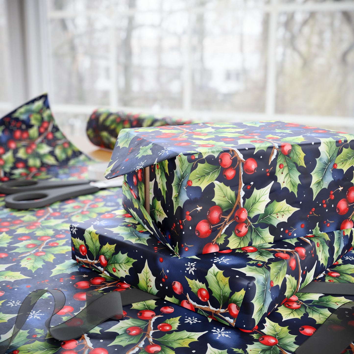 Holly Jolly Luxe – Navy & Berry Botanical Wrapping Paper
