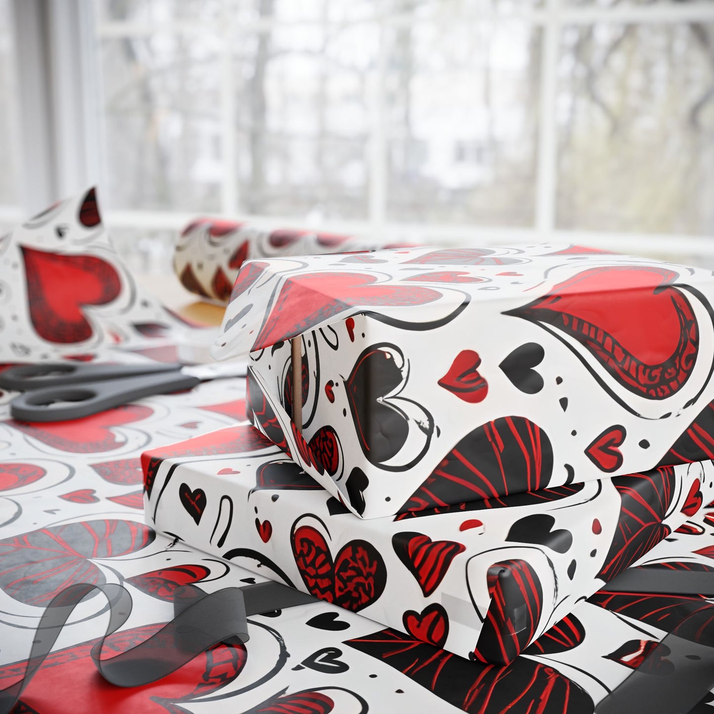 Stylish Gift Wrap with Vibrant Hearts in Black and Red