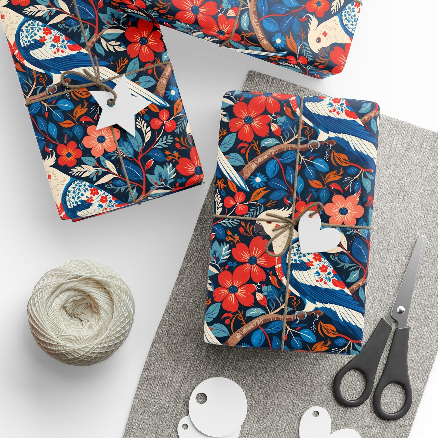 Red and Blue Parrot Floral Gift Wrap Paper