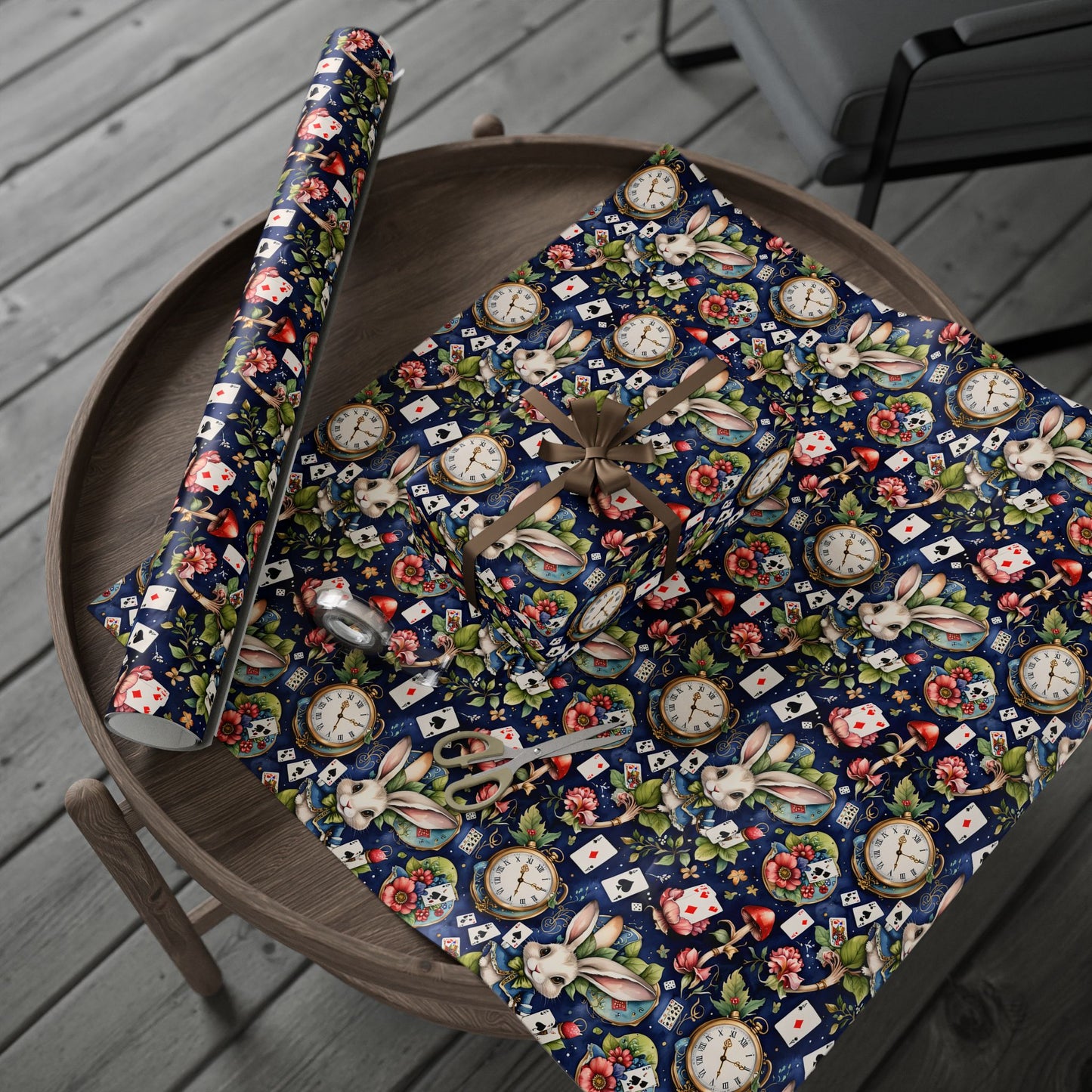 Enchanting Navy Gift Wrap inspired by Alice in Wonderland