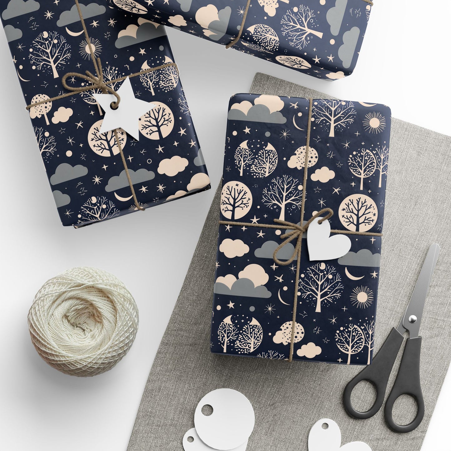 Wrapping Paper - Abstract Moon Stars and Trees in Black and Beige