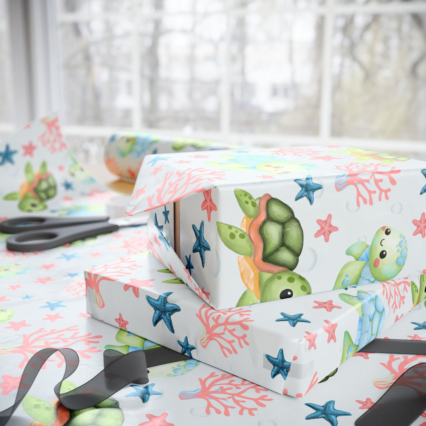 Baby Sea Turtle and Sea Stars Design
