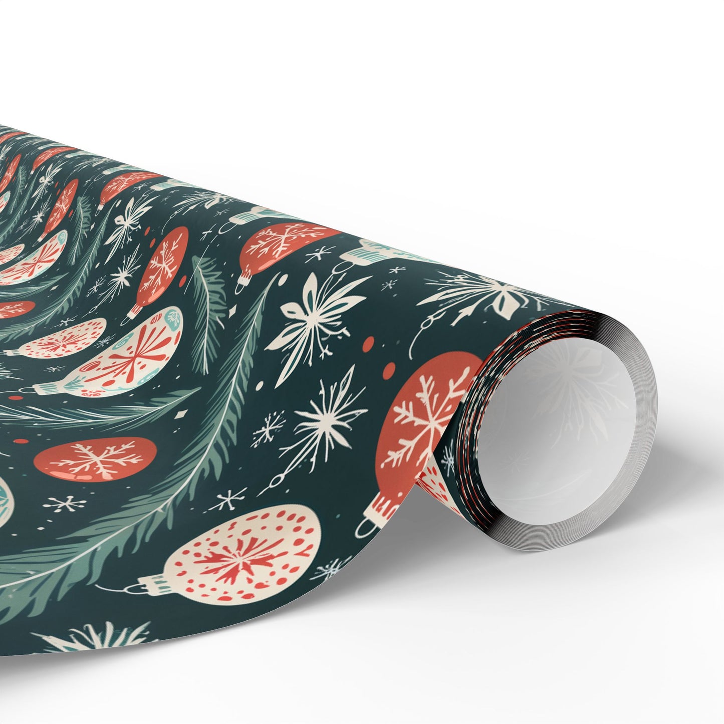 Frosted Evergreen – Retro Ornament & Pine Wrapping Paper