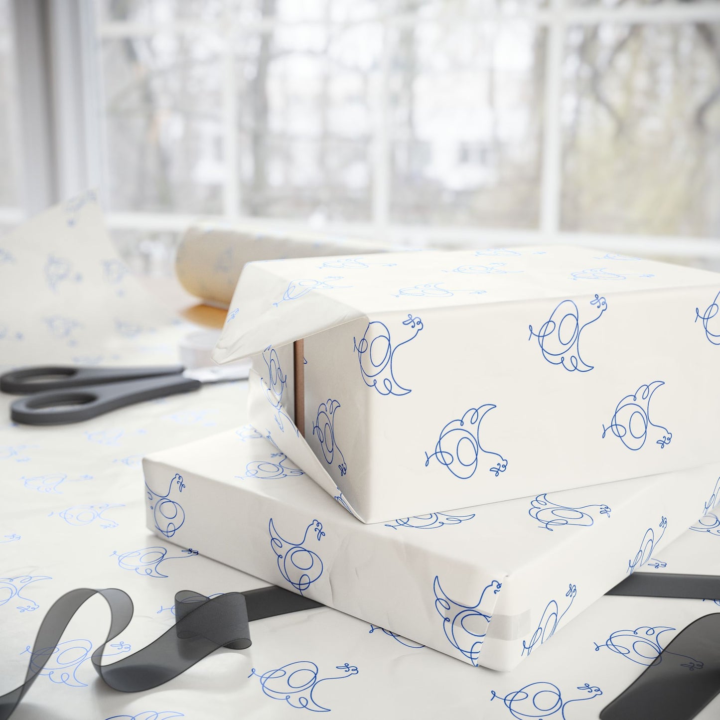 Blue Line Drawing Chicken Wrapping Papers