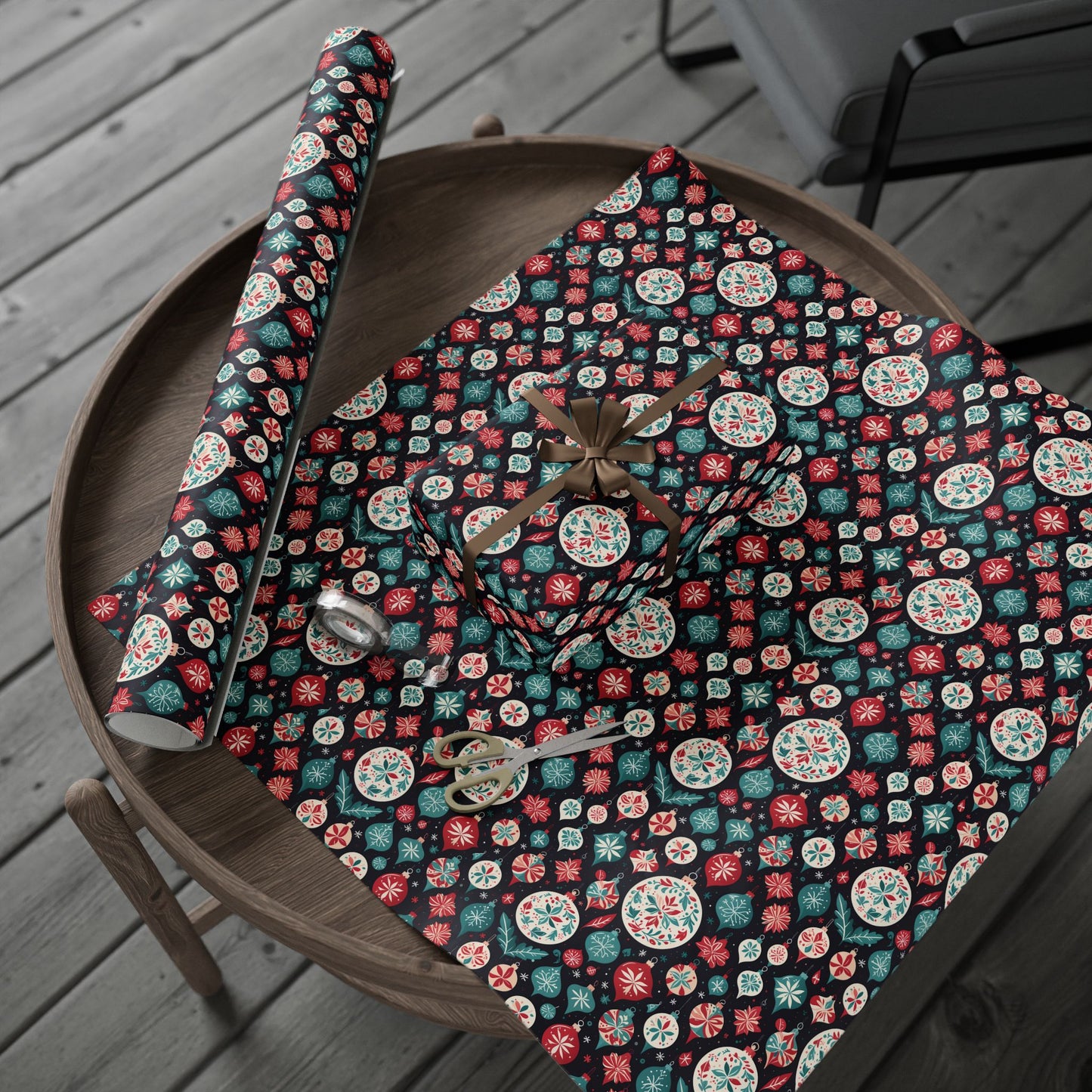 Colorful Aqua and Red Ornaments Wrapping Paper