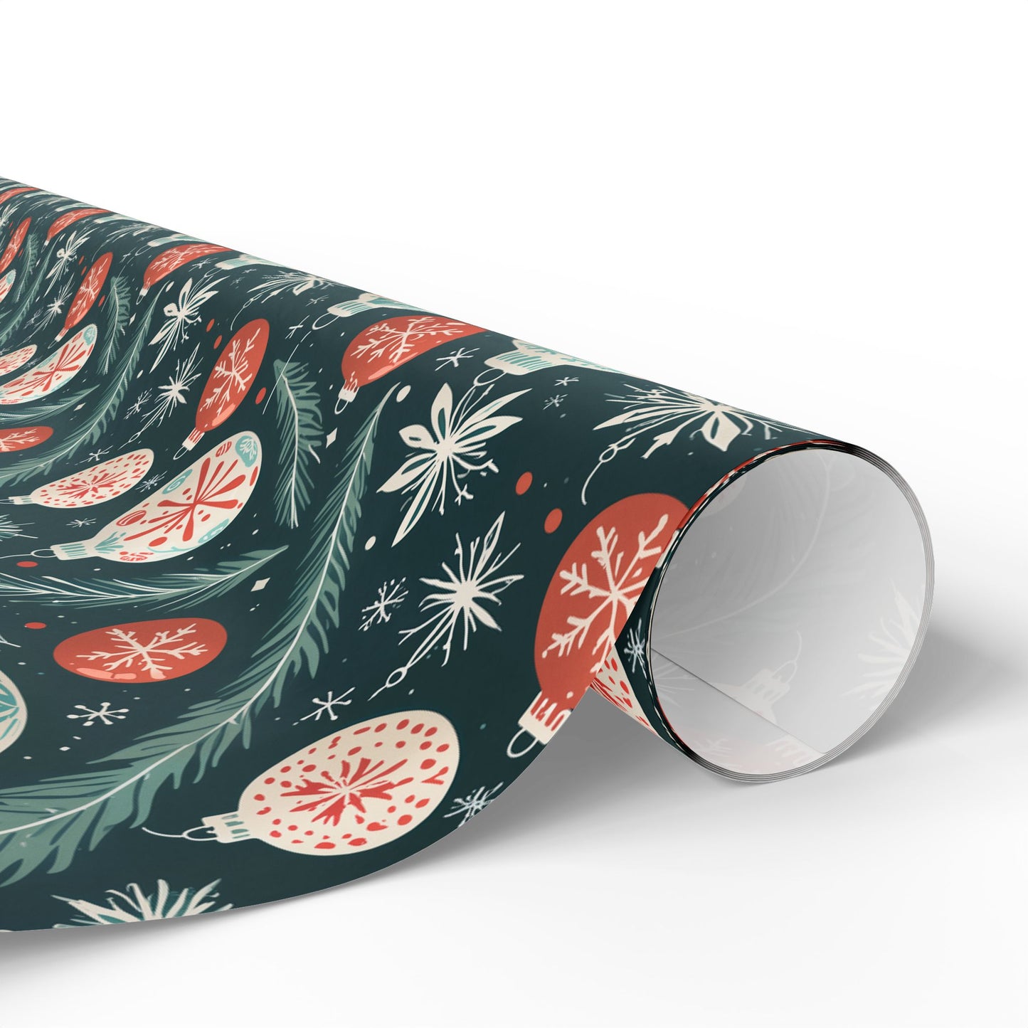 Frosted Evergreen – Retro Ornament & Pine Wrapping Paper
