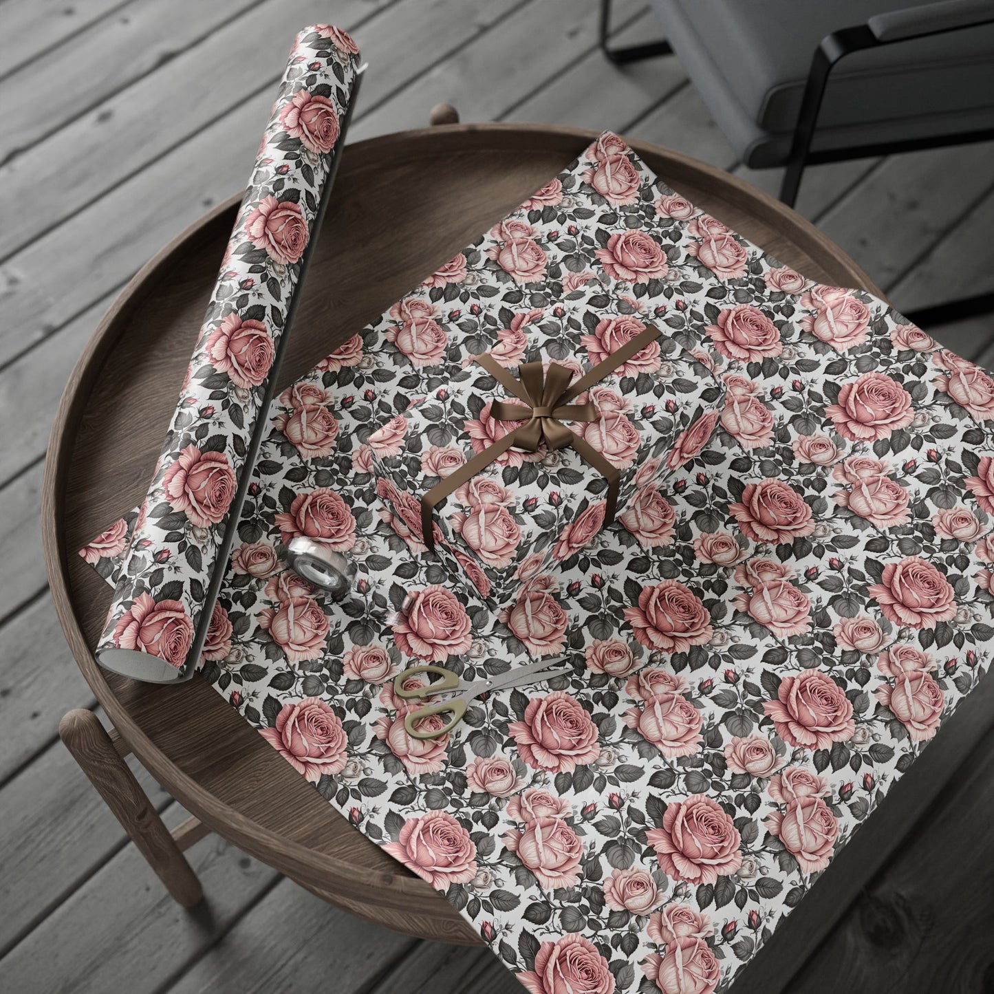 Rose Whispers – Soft Floral Gift Wrap in Pink & Grey