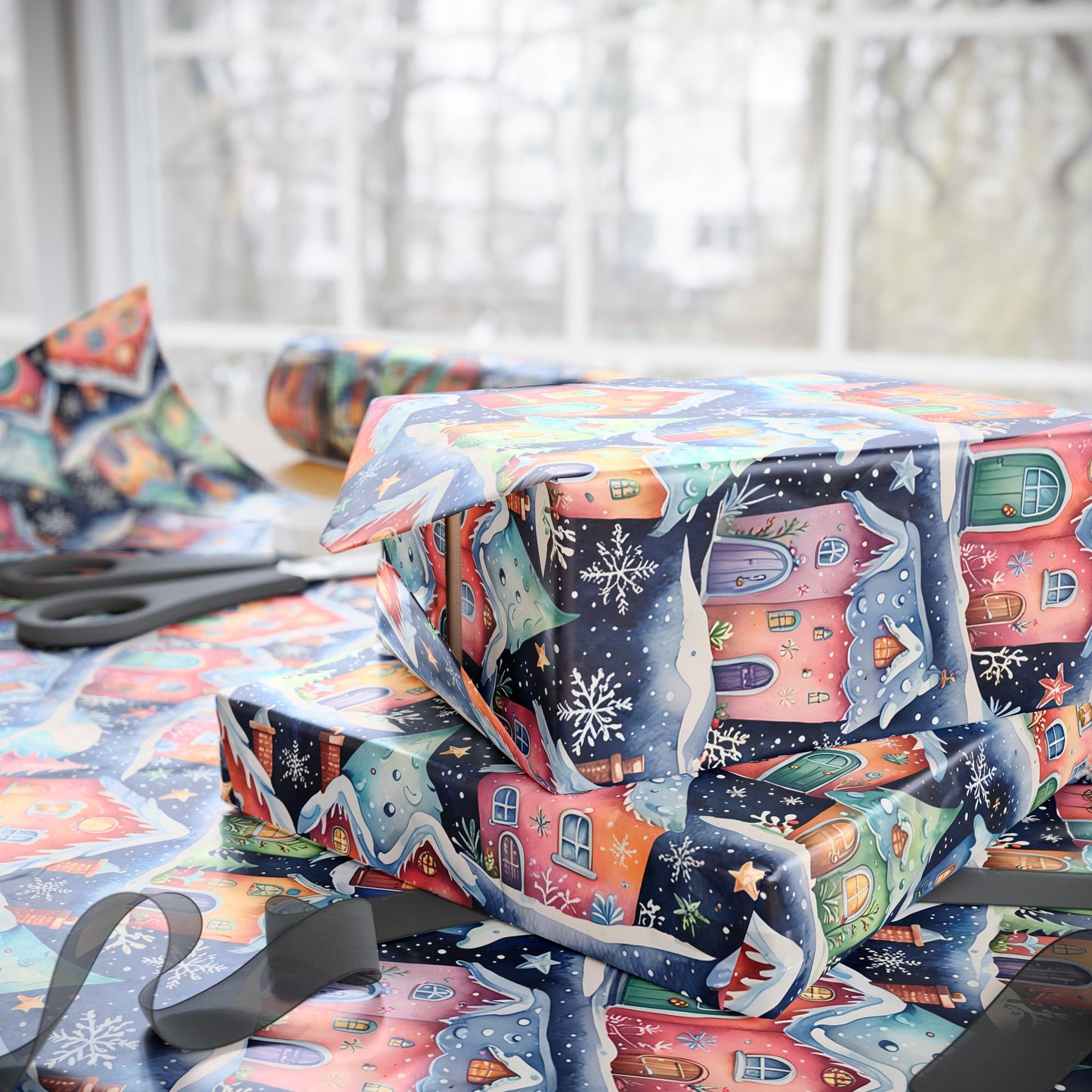 Holiday Wrapping Papers with Sparkling Star, Cute Snowflake, and Christmas Village Design