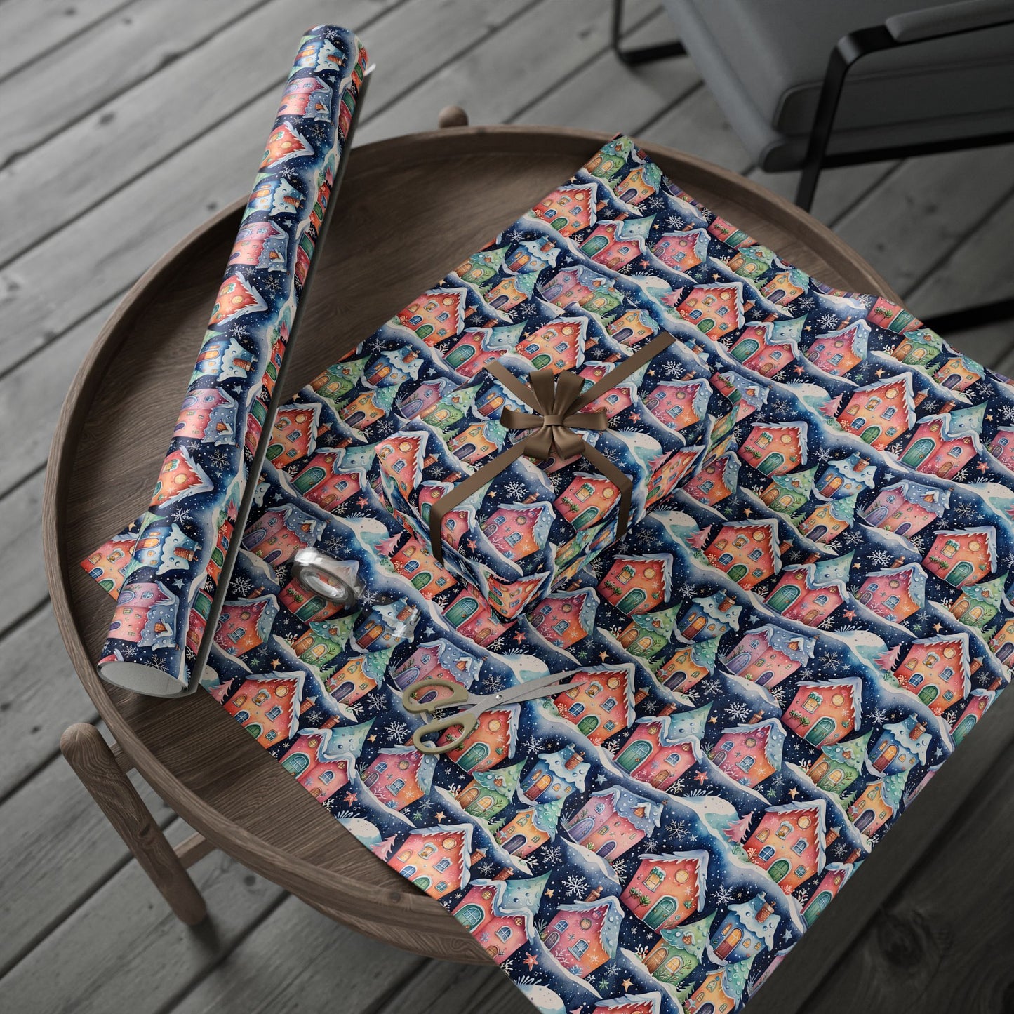 Holiday Wrapping Papers with Sparkling Star, Cute Snowflake, and Christmas Village Design