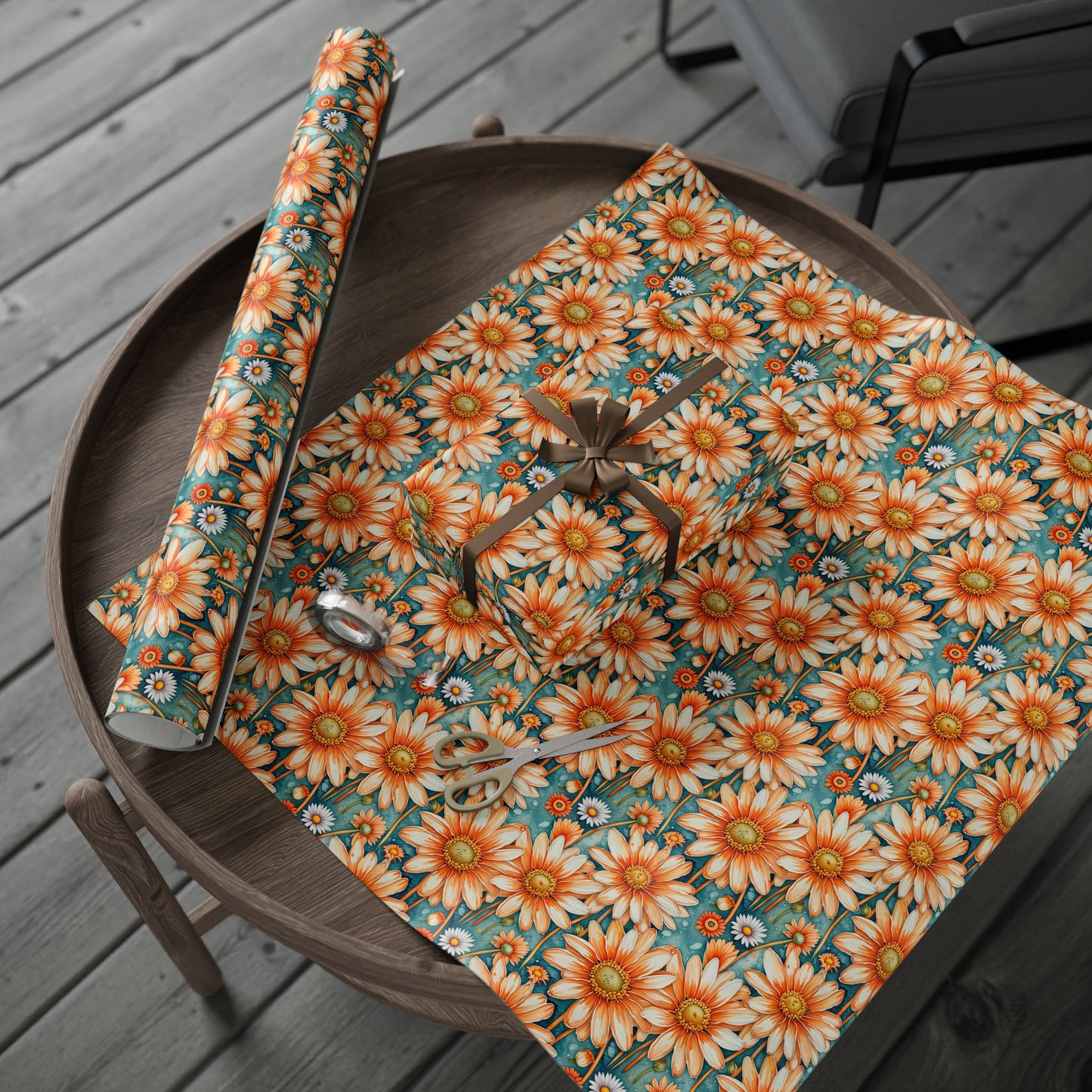 Vibrant Orange Floral Wrapping Paper