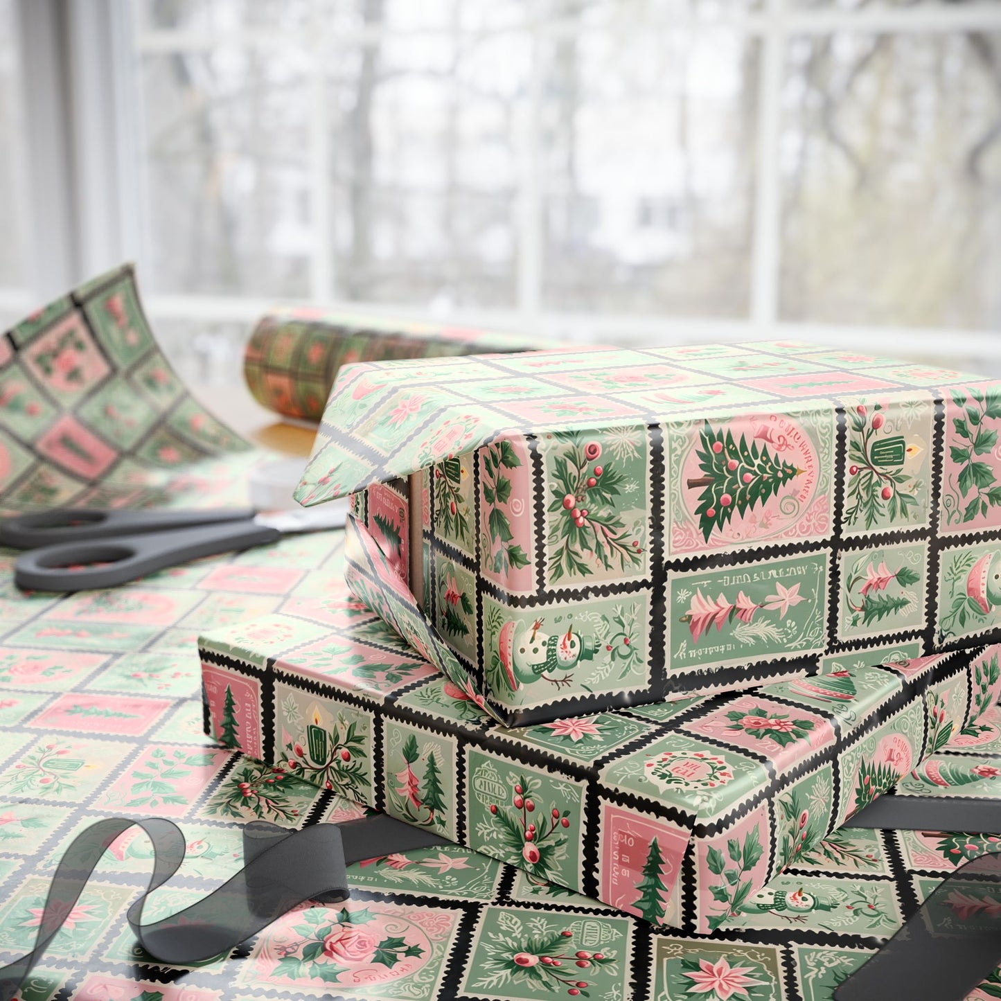Mint to Be – Retro Holiday Stamp Wrapping Paper