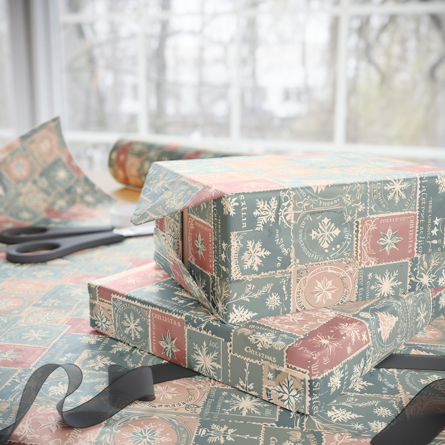 Merry Mail – Vintage Holiday Stamp Wrapping Paper